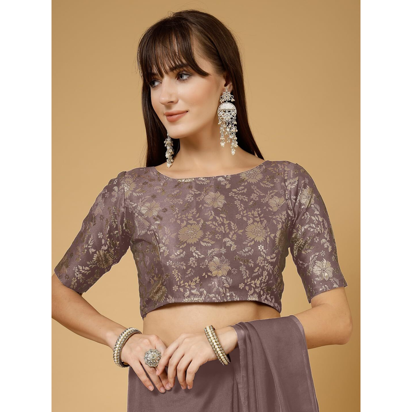 Oomph Women's Indian Ethnic Wear Designer Self Design Pattern Zari Work Boat Neck Half Sleeve Copper Brown Color Jacquard Readymade Blouse For Saree Or Lehnga And Fusion Twist. S