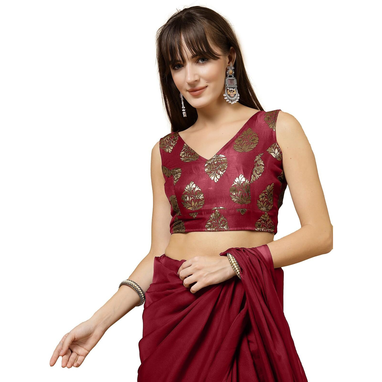 Oomph Women's Indian Ethnic Wear Designer Big Paisley Pattern Zari Work V Neck Sleeveless Indian Red Color Brocade Readymade Blouse For Saree Or Lehnga And Fusion Twist. Xl