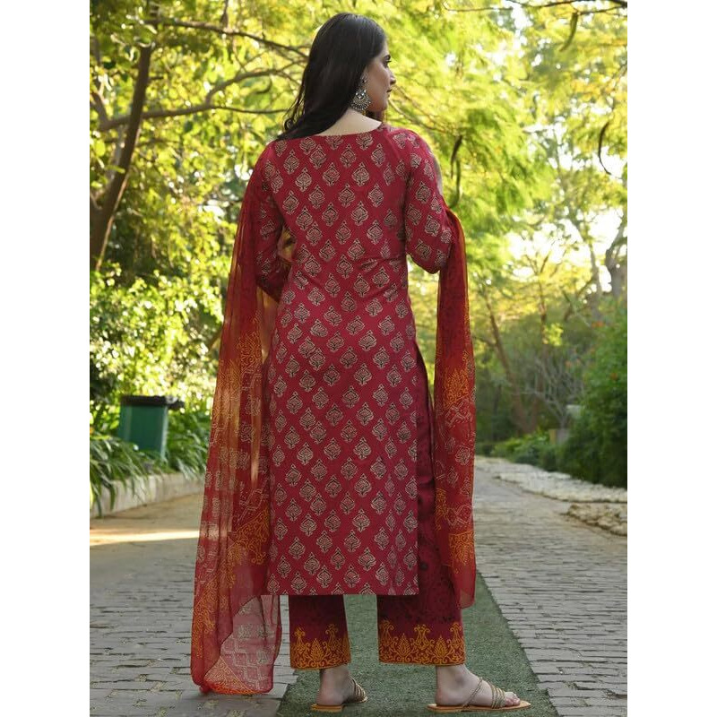 Pinkmint Kurta Set For Women Motifs Straight Printed Straight Kurta & Pant With Dupatta Maroon