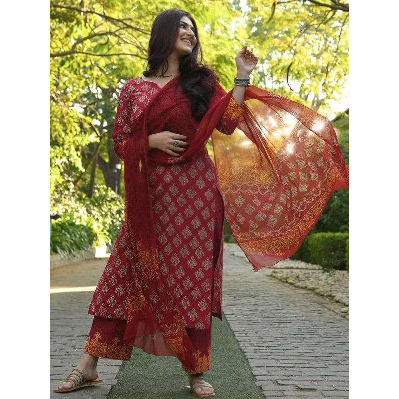 Pinkmint Kurta Set For Women Motifs Straight Printed Straight Kurta & Pant With Dupatta Maroon