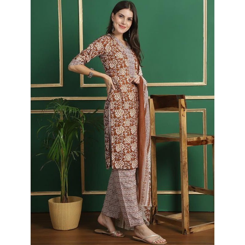 Pinkmint Salwar Suit Set For Women Flower Printed Halter V Neck Kurta With Trouser With Dupatta Ready To Wear Wedding