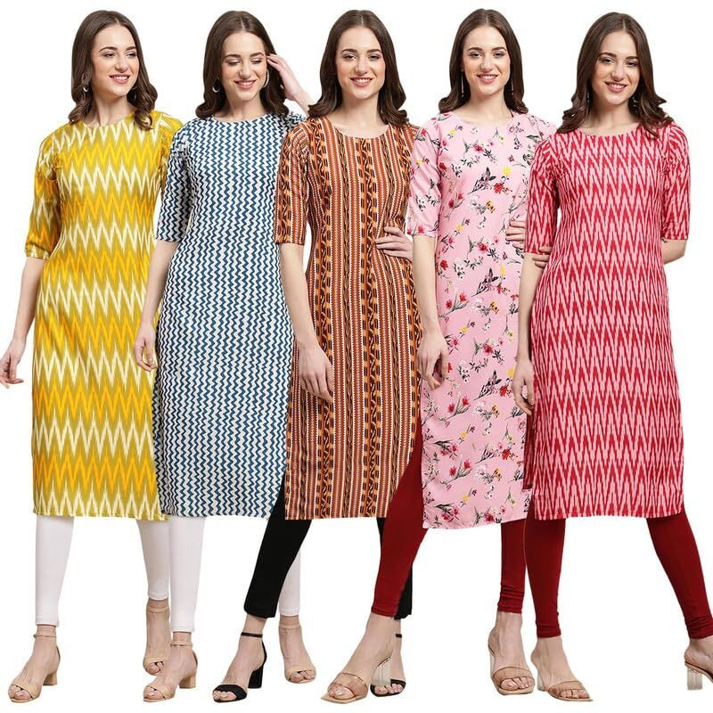 Pinkmint Crepe Digital Printed Kurti For Womens Straight Kurti For Women (Pack Of 5)