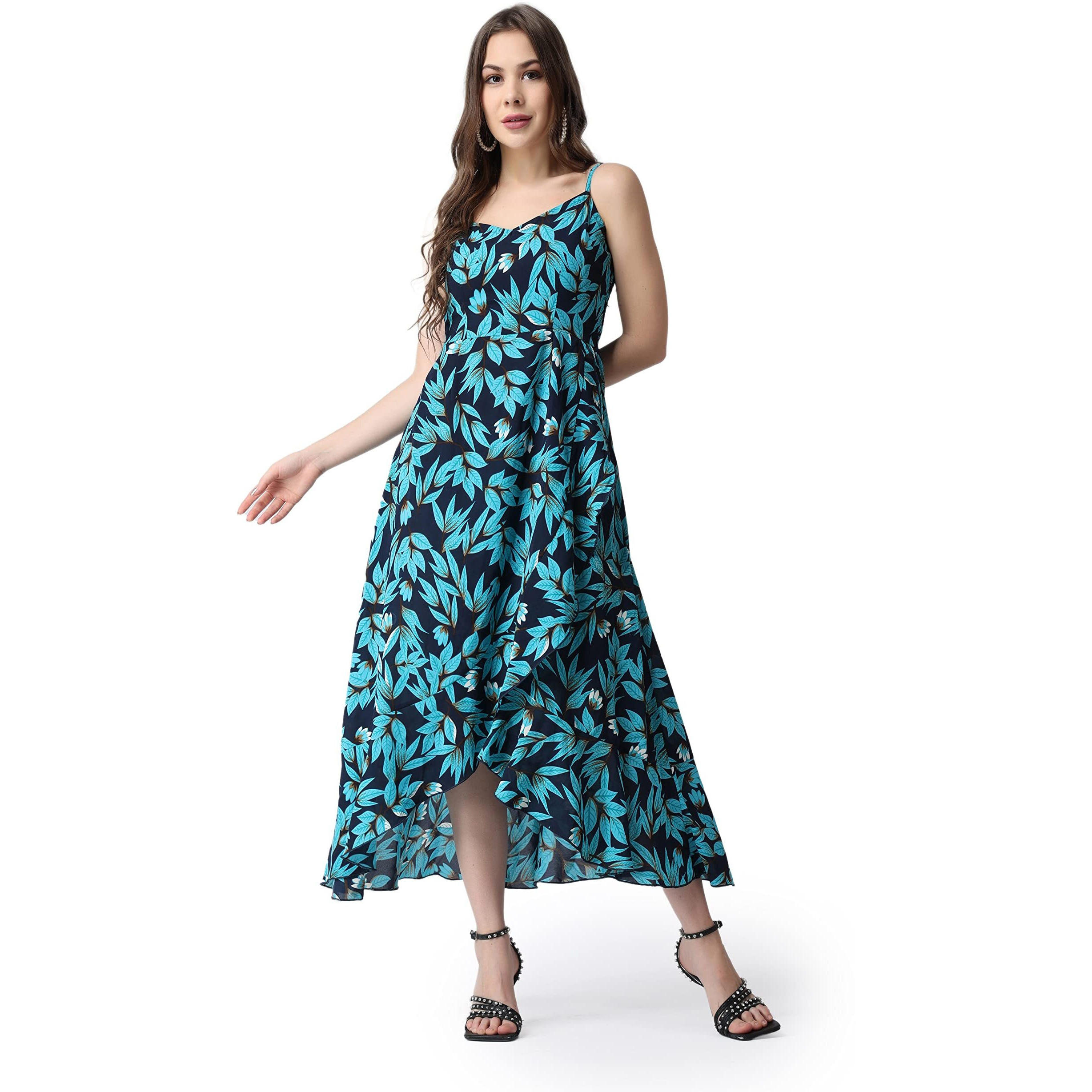 Popwings Casual Floral Printed Maxi Length Fit & Flare Dress For Women || Summer Dress For Women || Flare Maxi Dress For Women Stylish || Sleeveless Dress For Women Ocean Blue