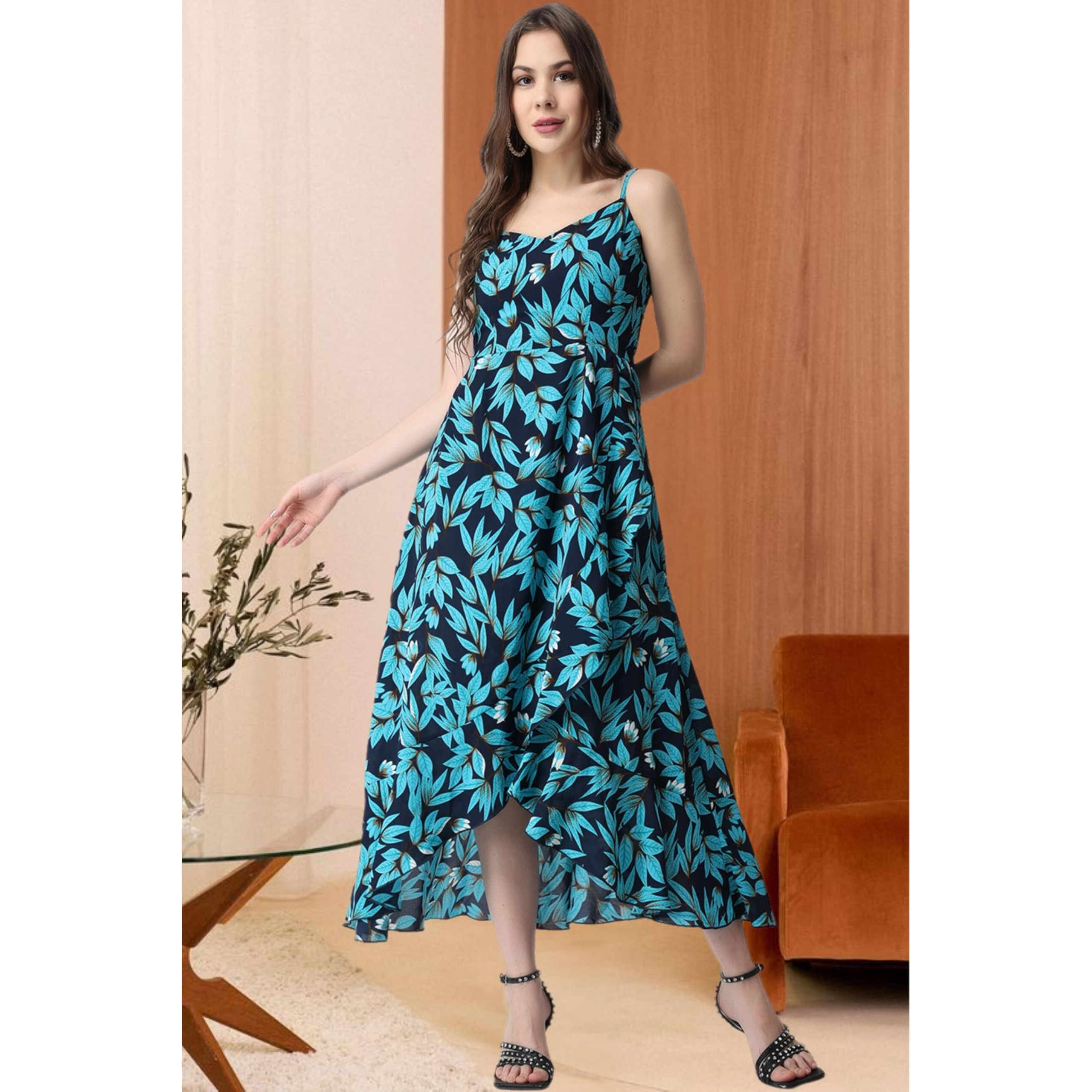 Popwings Casual Floral Printed Maxi Length Fit & Flare Dress For Women || Summer Dress For Women || Flare Maxi Dress For Women Stylish || Sleeveless Dress For Women Ocean Blue