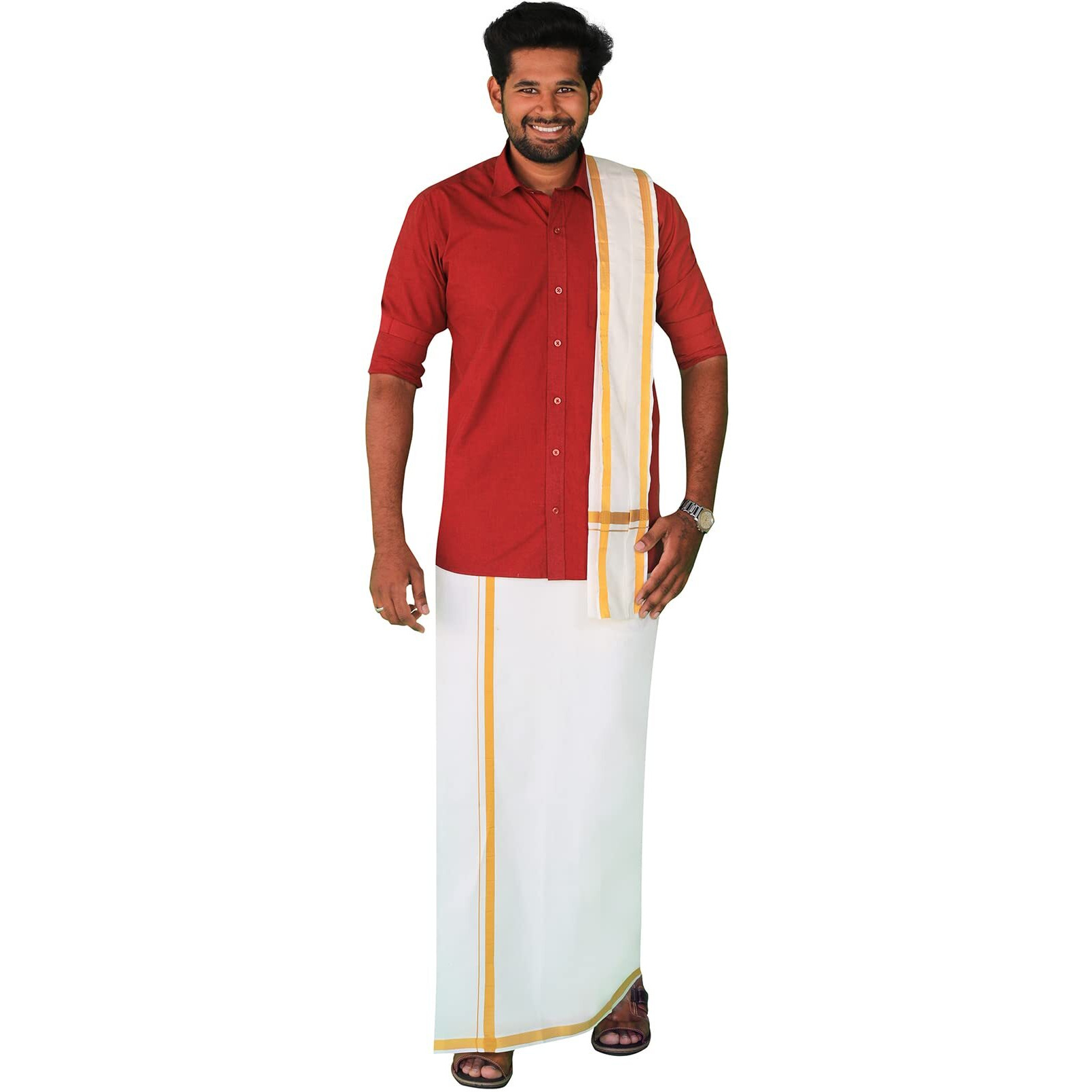 Prakasam Cotton Mens White Welcro Pocket Readymade Dhoti With Golden Jari Border + Matching Jari Cotton Single Towel Set Only (Shirt Not Included)
