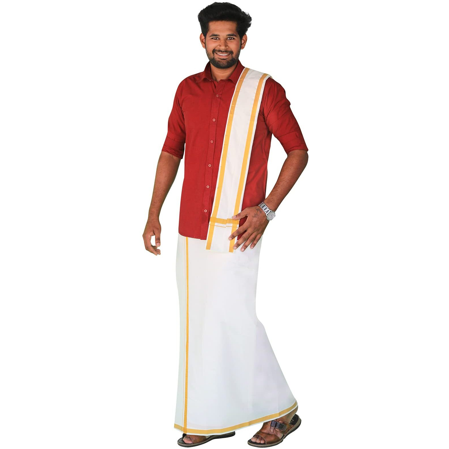 Prakasam Cotton Mens White Welcro Pocket Readymade Dhoti With Golden Jari Border + Matching Jari Cotton Single Towel Set Only (Shirt Not Included)