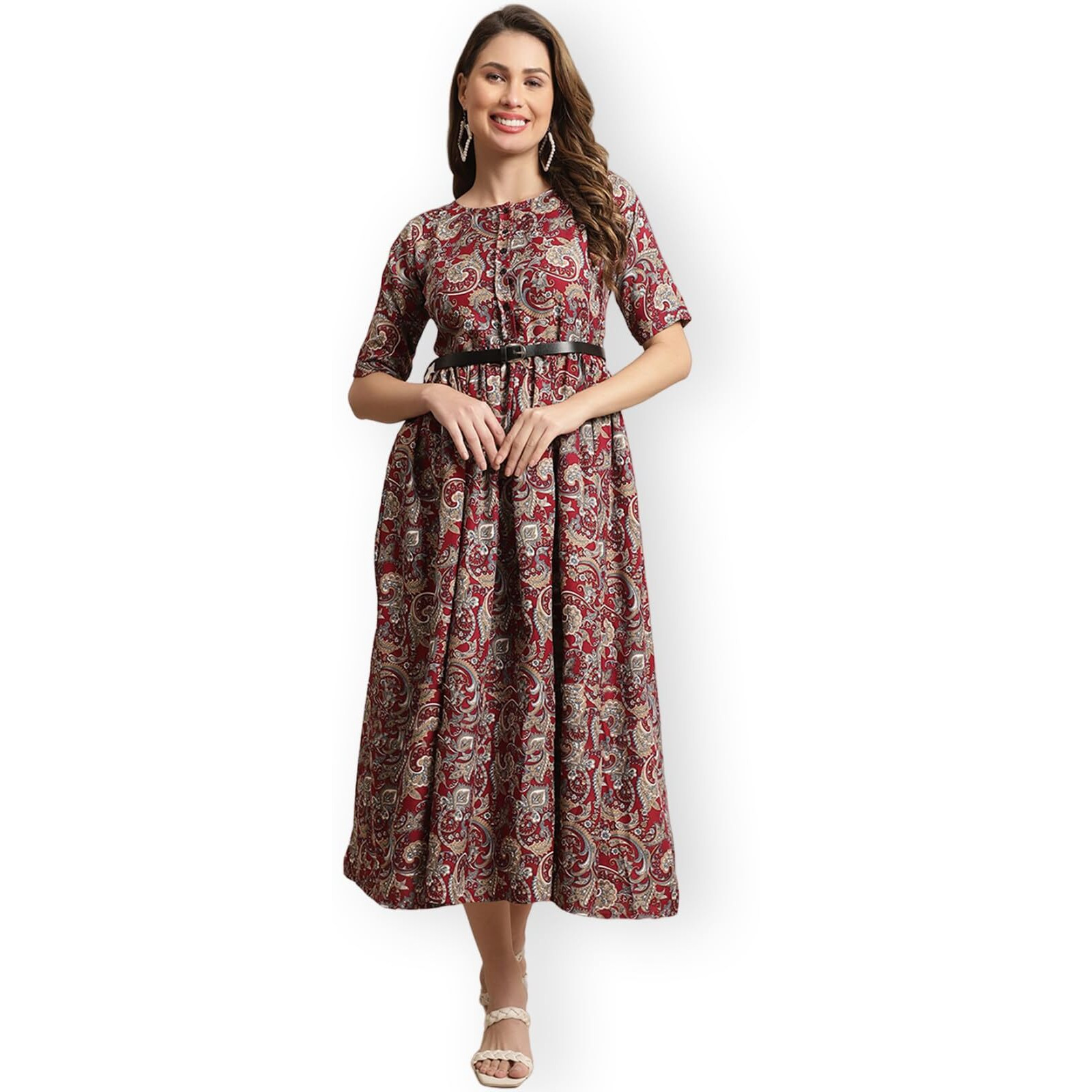 Preneum Women's Blue Fit And Flare Printed Maxi Dress With Belt_101 2Xl