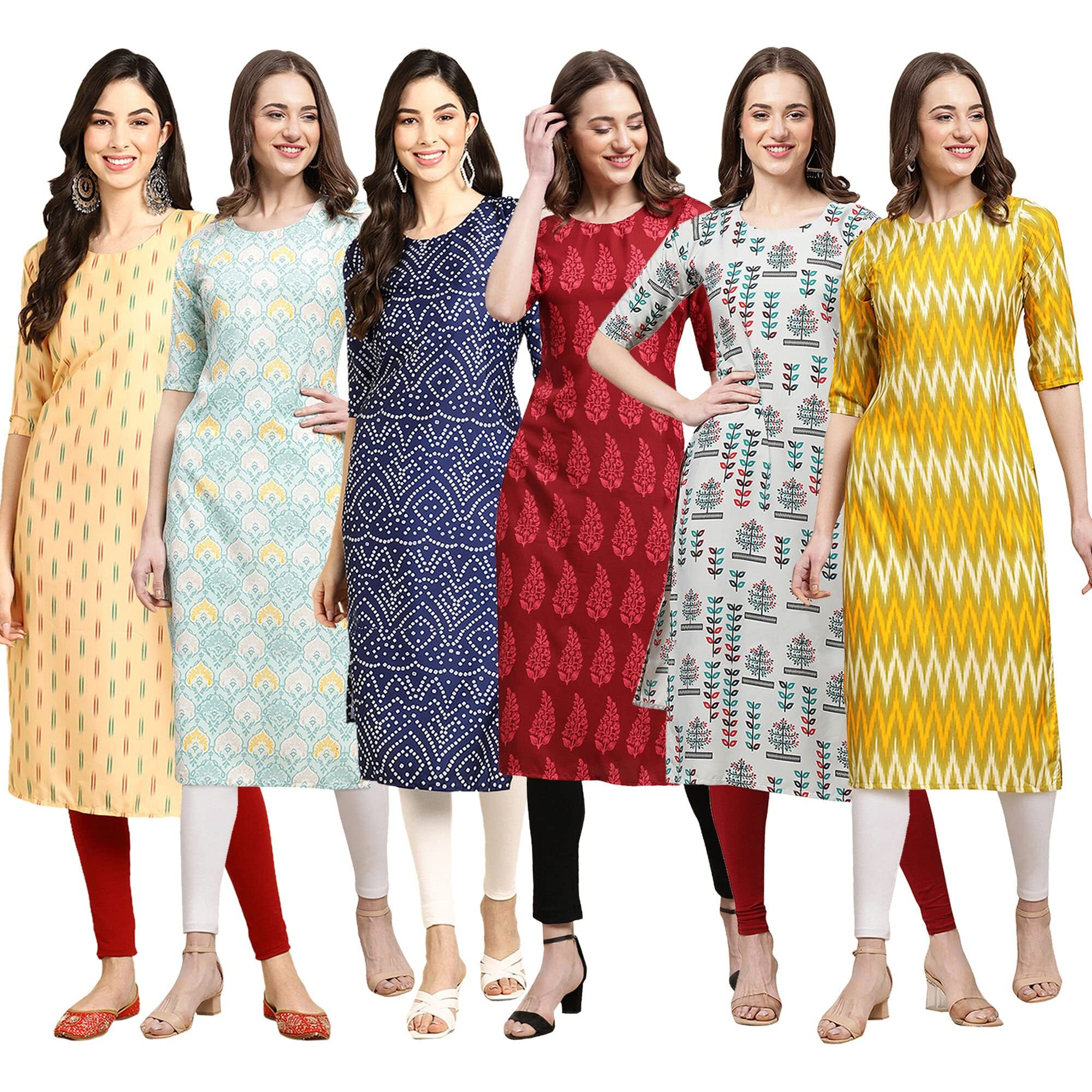 Pinkmint Women's Crepe Digital Print Straight Kurta Pack Of 6 [Cr-360-343-366-337-340-329-M]