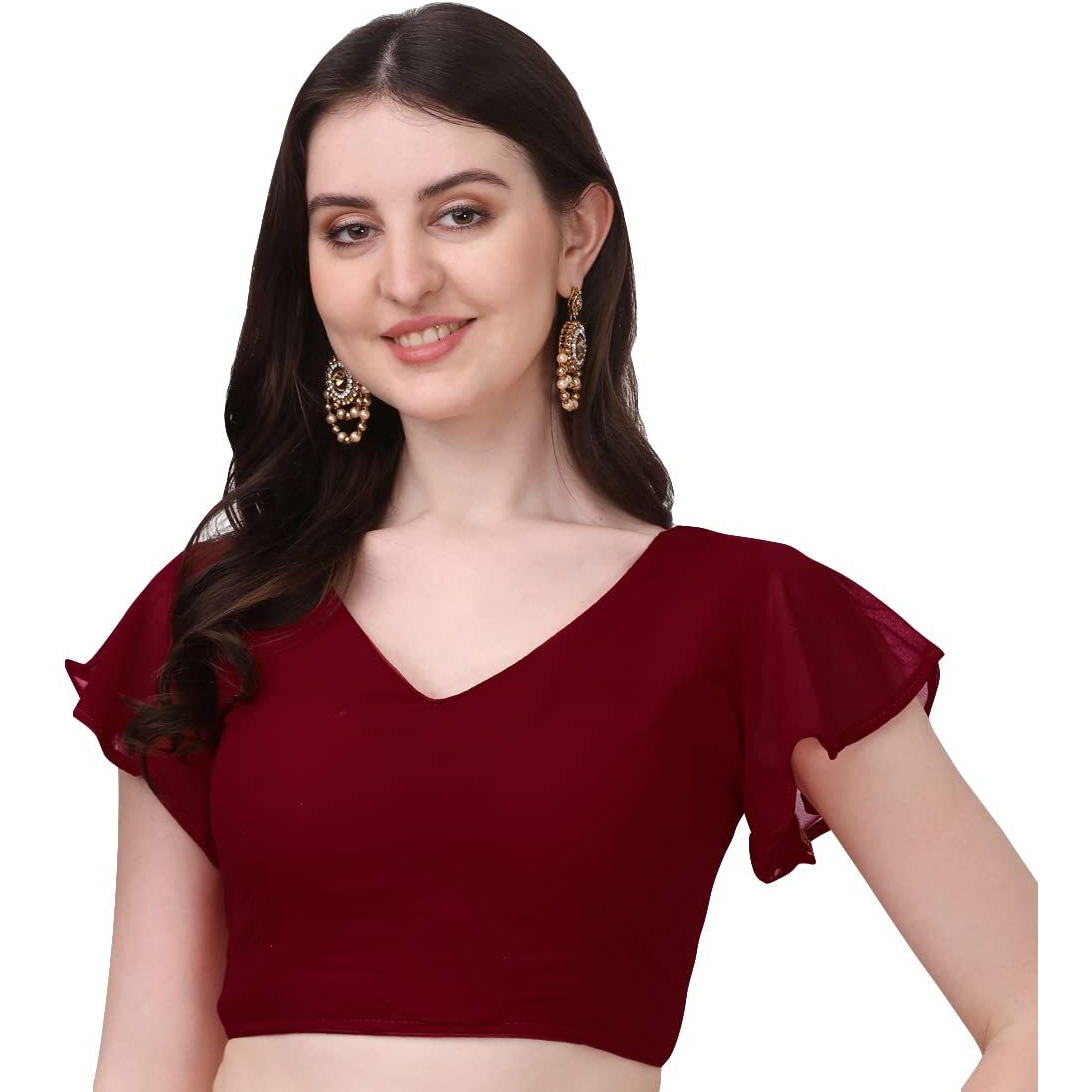 Pujia Mills Women's Georgette Bell Sleeve Readymade Saree Blouse (3003_Maroon_38)