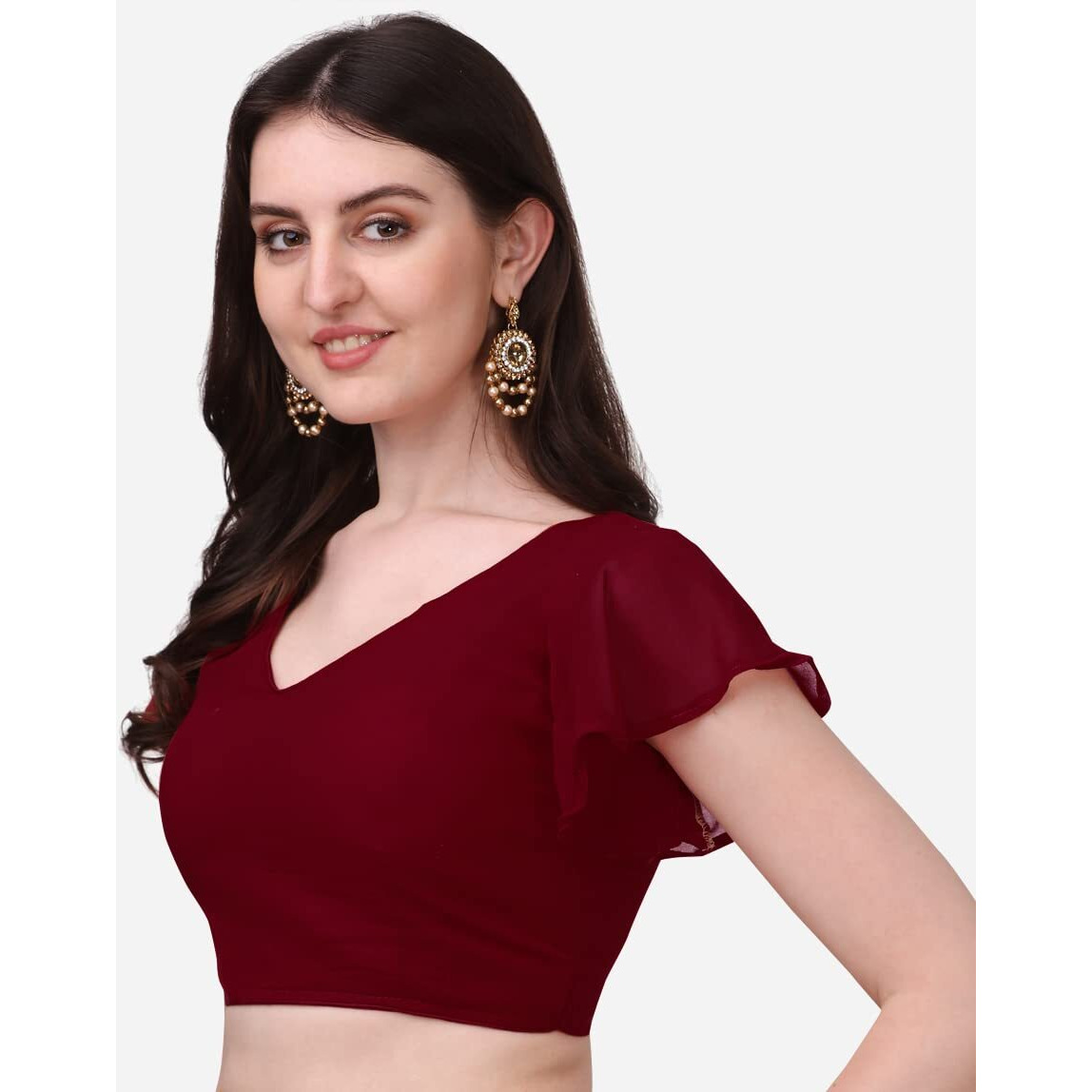 Pujia Mills Women's Georgette Bell Sleeve Readymade Saree Blouse (3003_Maroon_38)