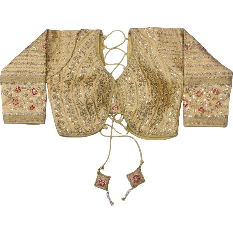 Pujia Mills Women's Silk Heavy Embroidery Coding With Sequins Work 3/4 Sleeves Fancy Bridal Readymade Heavy Work Wedding Blouse (Missy Gold 42)