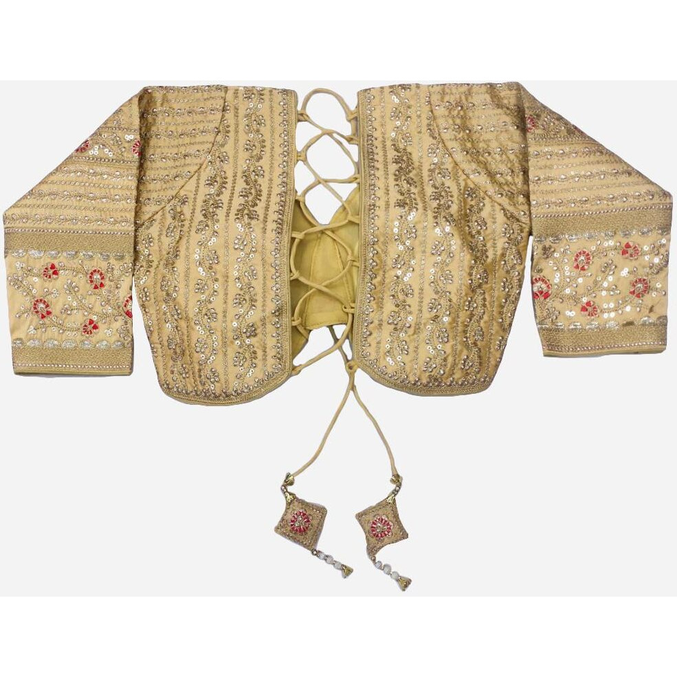 Pujia Mills Women's Silk Heavy Embroidery Coding With Sequins Work 3/4 Sleeves Fancy Bridal Readymade Heavy Work Wedding Blouse (Missy Gold 42)