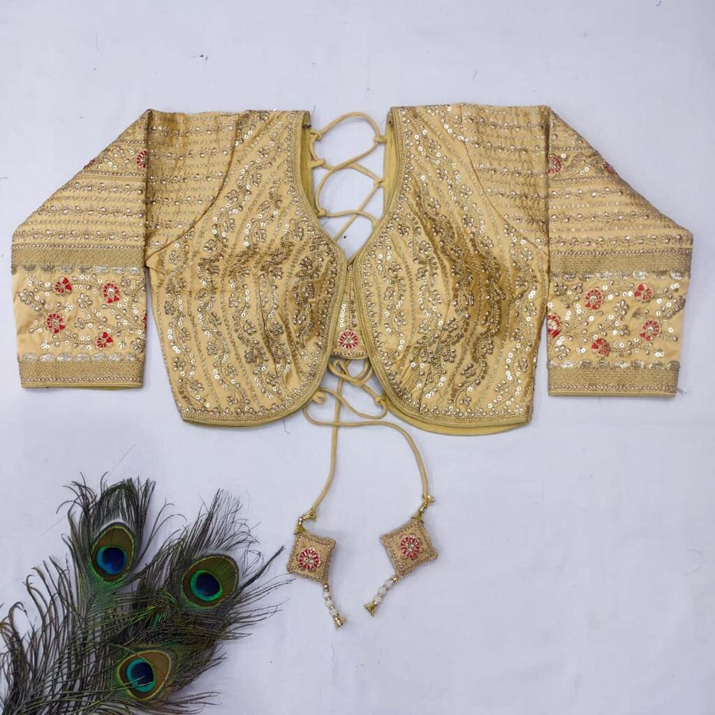 Pujia Mills Women's Silk Heavy Embroidery Coding With Sequins Work 3/4 Sleeves Fancy Bridal Readymade Heavy Work Wedding Blouse (Missy Gold 42)