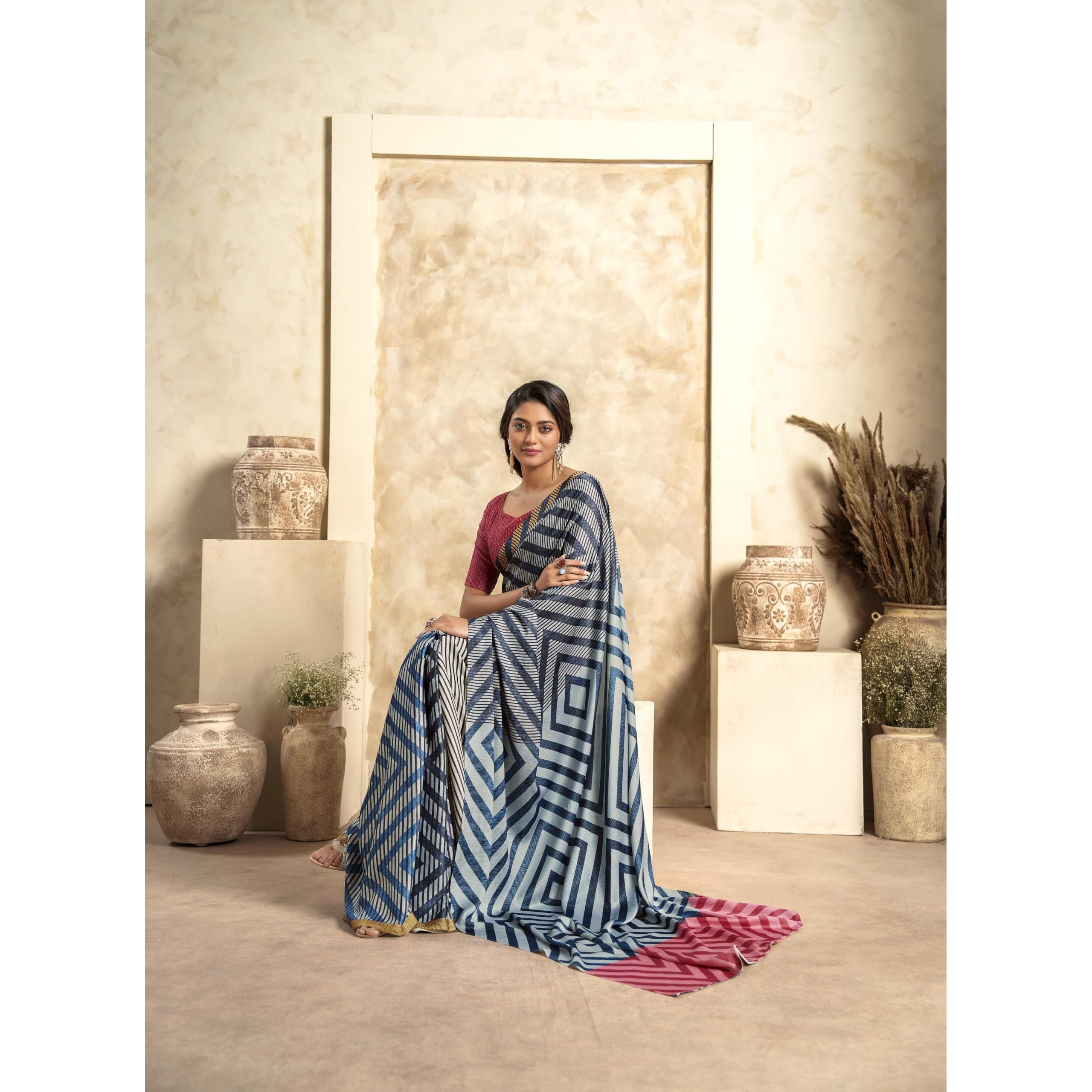Pujia Mills Woman Handloom Tusser Saree Indian Ethnic Wear Simple Multicolor Printed Saree With Unstitch Blouse Regular Printed Sadi Simple Digital Print Weaving Border Saree