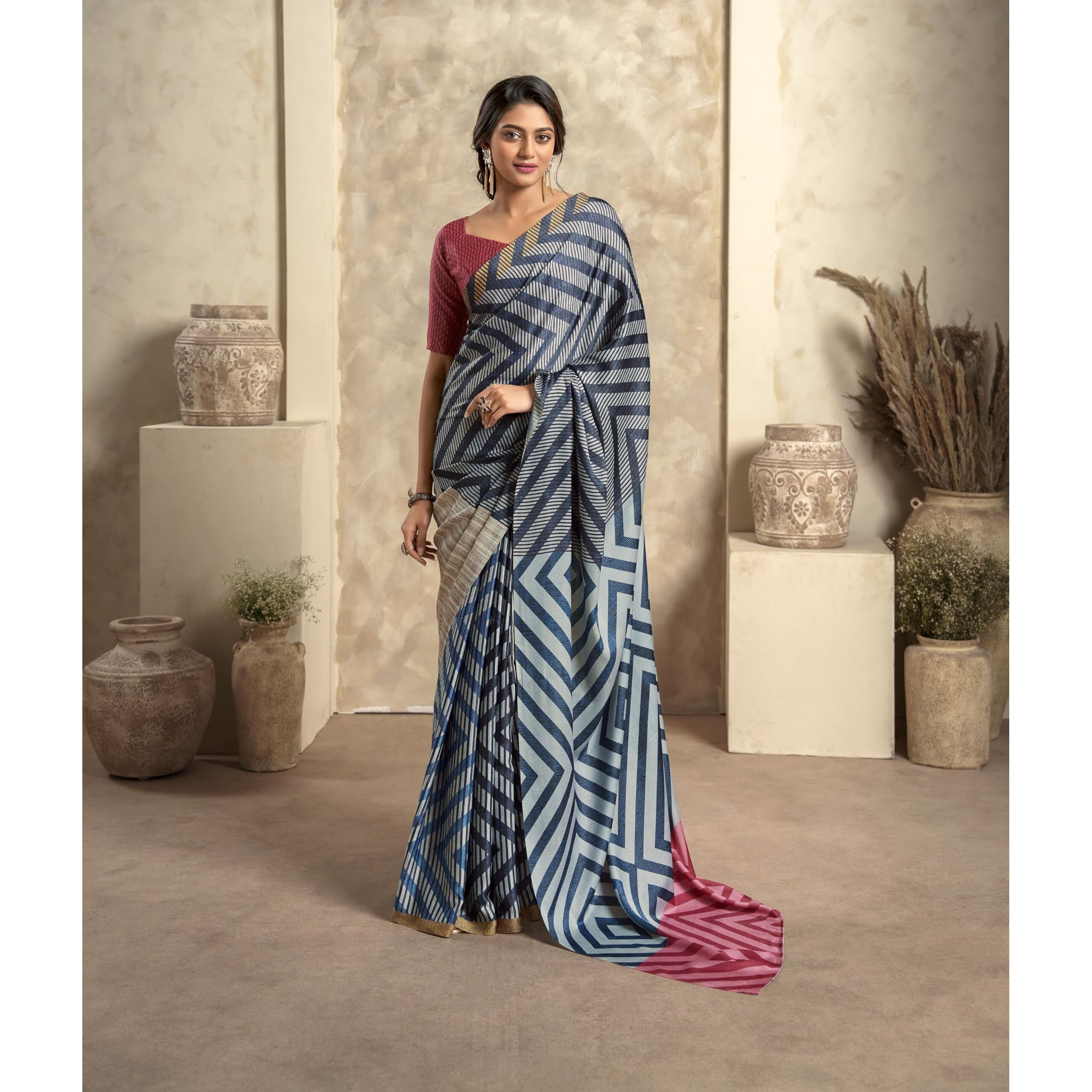 Pujia Mills Woman Handloom Tusser Saree Indian Ethnic Wear Simple Multicolor Printed Saree With Unstitch Blouse Regular Printed Sadi Simple Digital Print Weaving Border Saree