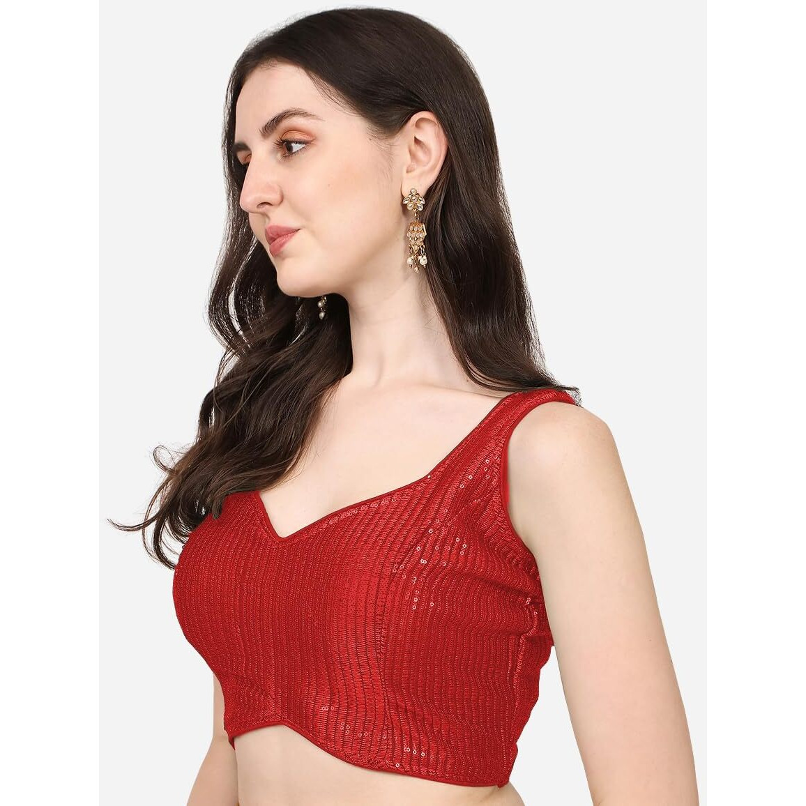 Pujia Mills Women's Multicolor Sweetheart Neck Georgette Line Soft Embroidery Sequence Zari Work Sleeves Readymade Saree Blouse (32, Red)