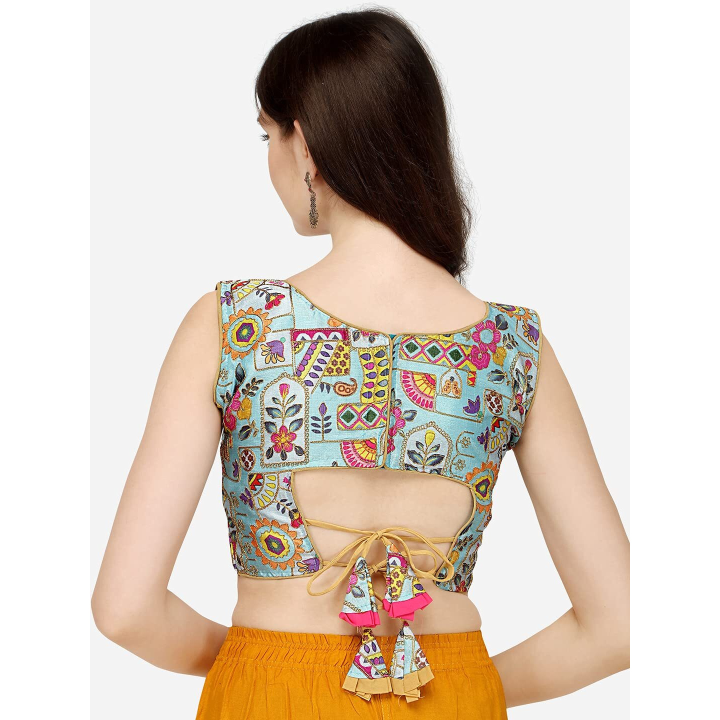 Pujia Mills Women's Phanotm Silk Floral Sleeveless Saree Blouse (Position Print 1 Blouse_Sea Green_38 Size)