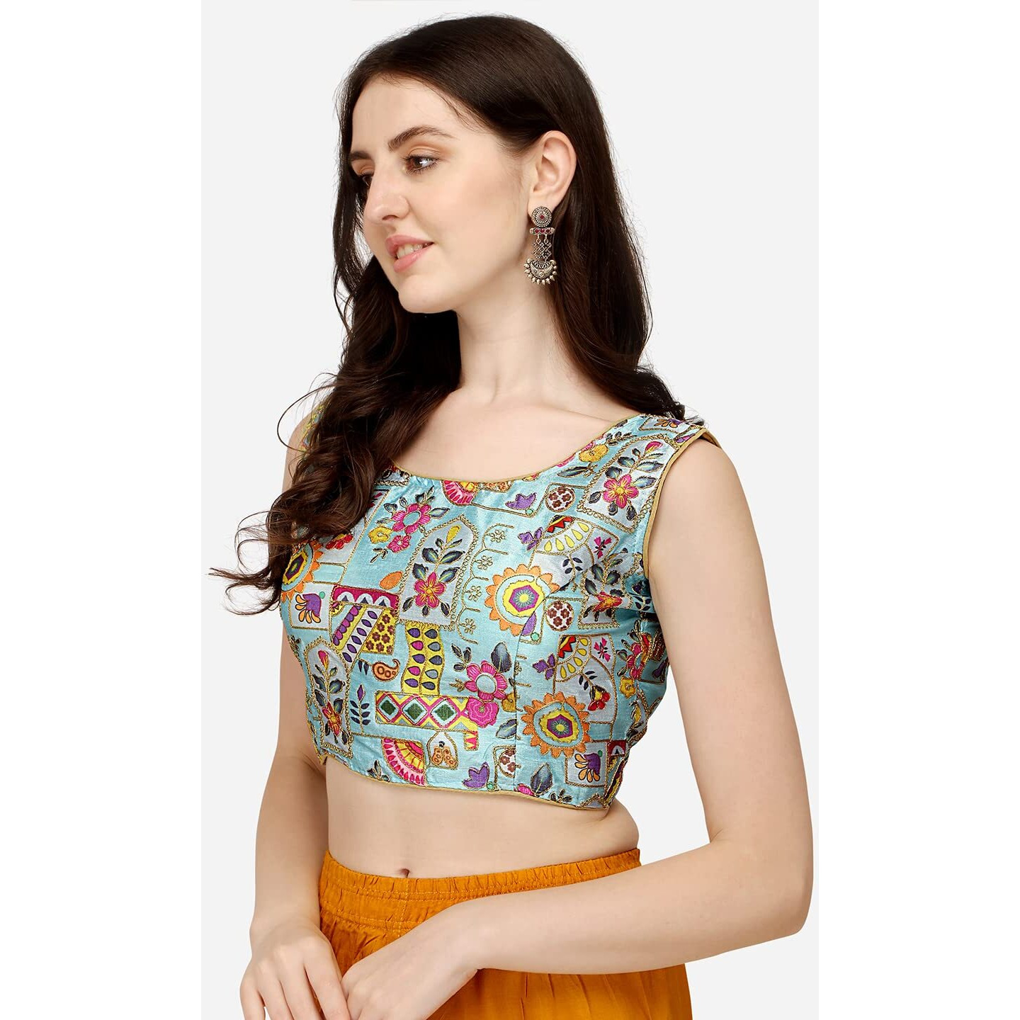 Pujia Mills Women's Phanotm Silk Floral Sleeveless Saree Blouse (Position Print 1 Blouse_Sea Green_38 Size)