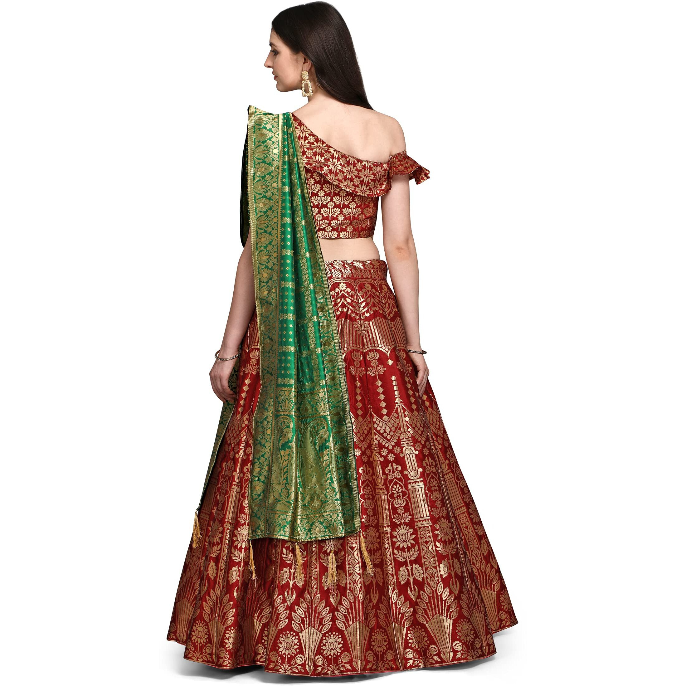 Purvaja Women's Jacquard Semi-Stitched Lehenga Choli (Aahana-Red_Red_Free Size)