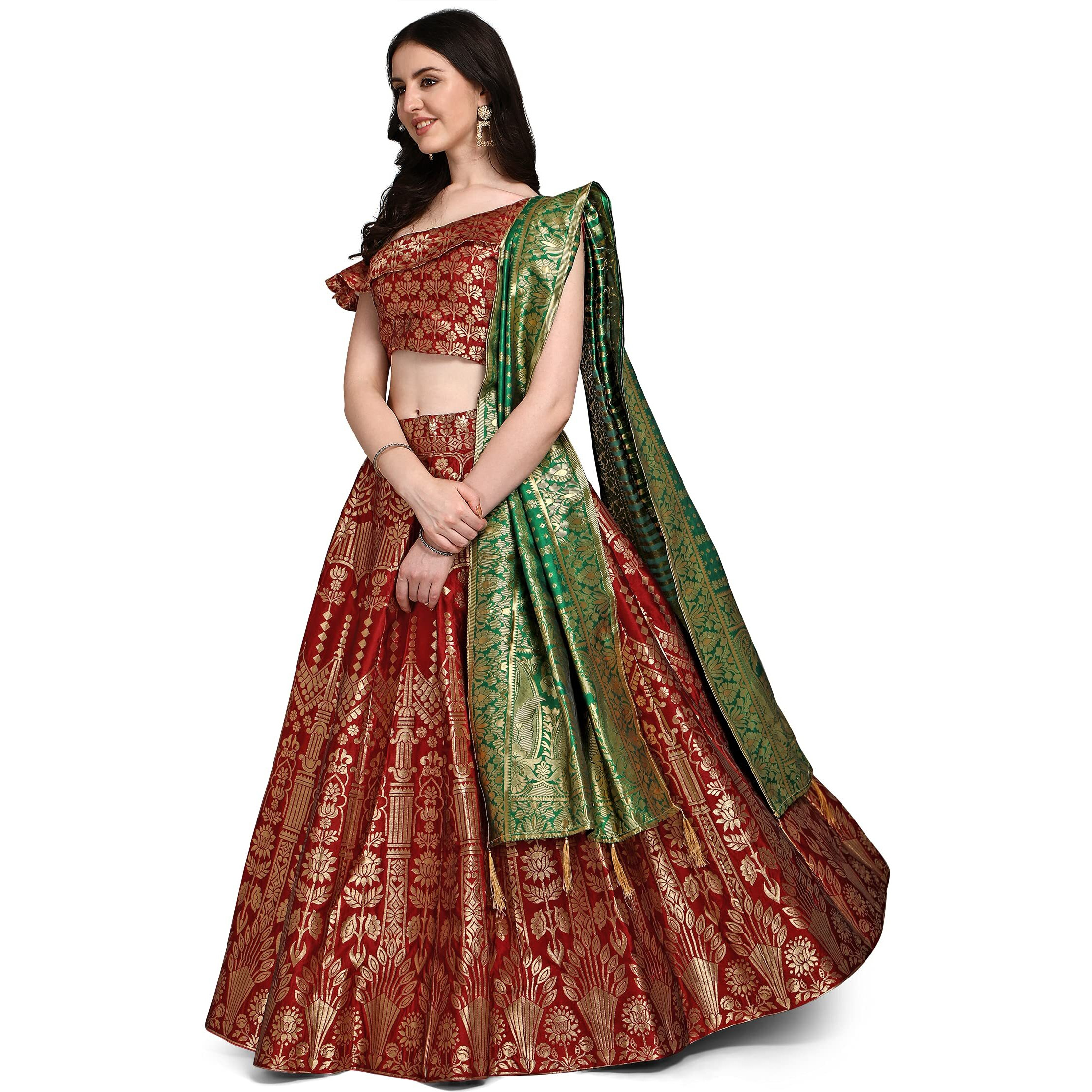 Purvaja Women's Jacquard Semi-Stitched Lehenga Choli (Aahana-Red_Red_Free Size)