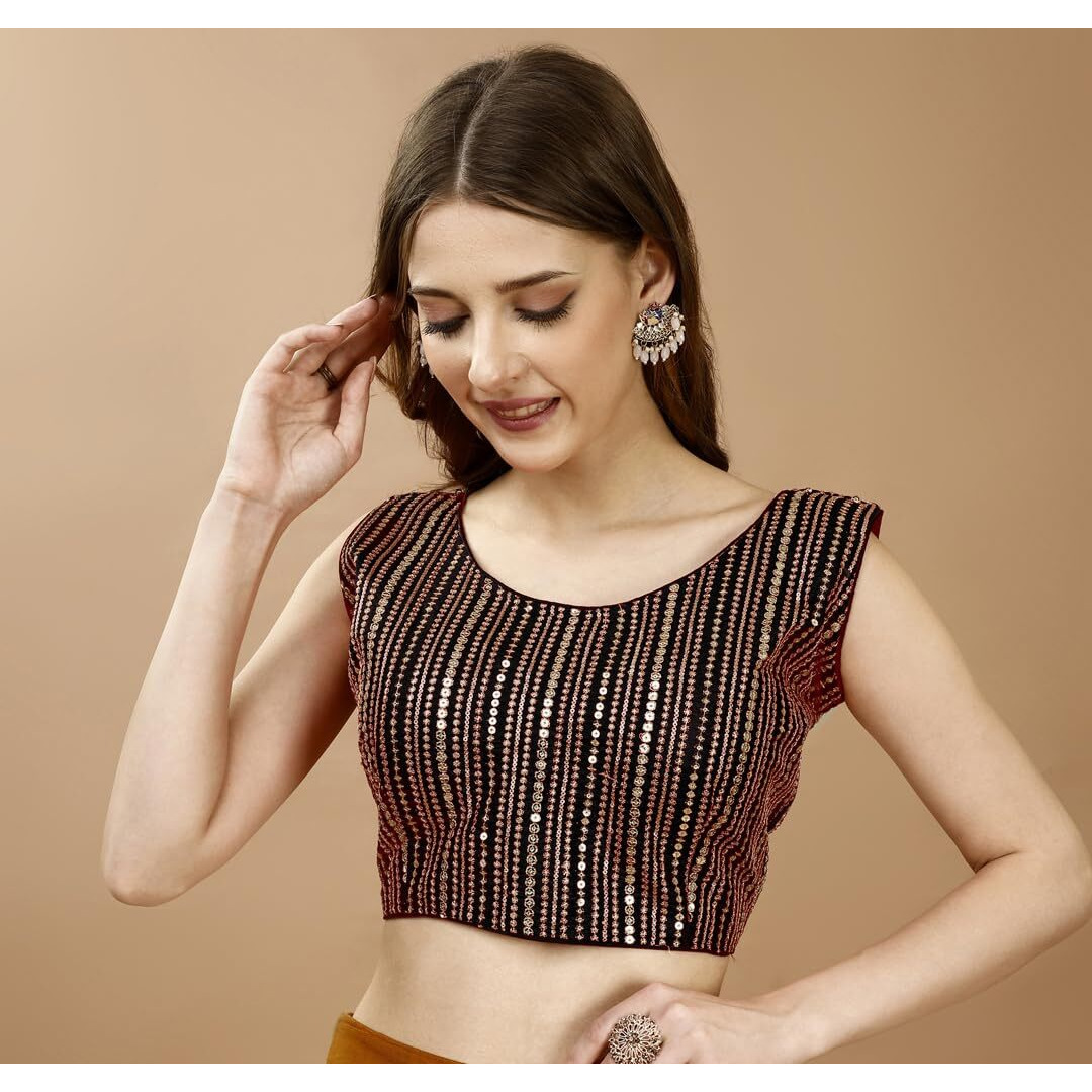 Pujia Mills Women's Sequin Embroidered U Neck Sleeveless Readymade Saree Blouse Indian Ethnic Designer Stitched Women's Black Blouse For Women