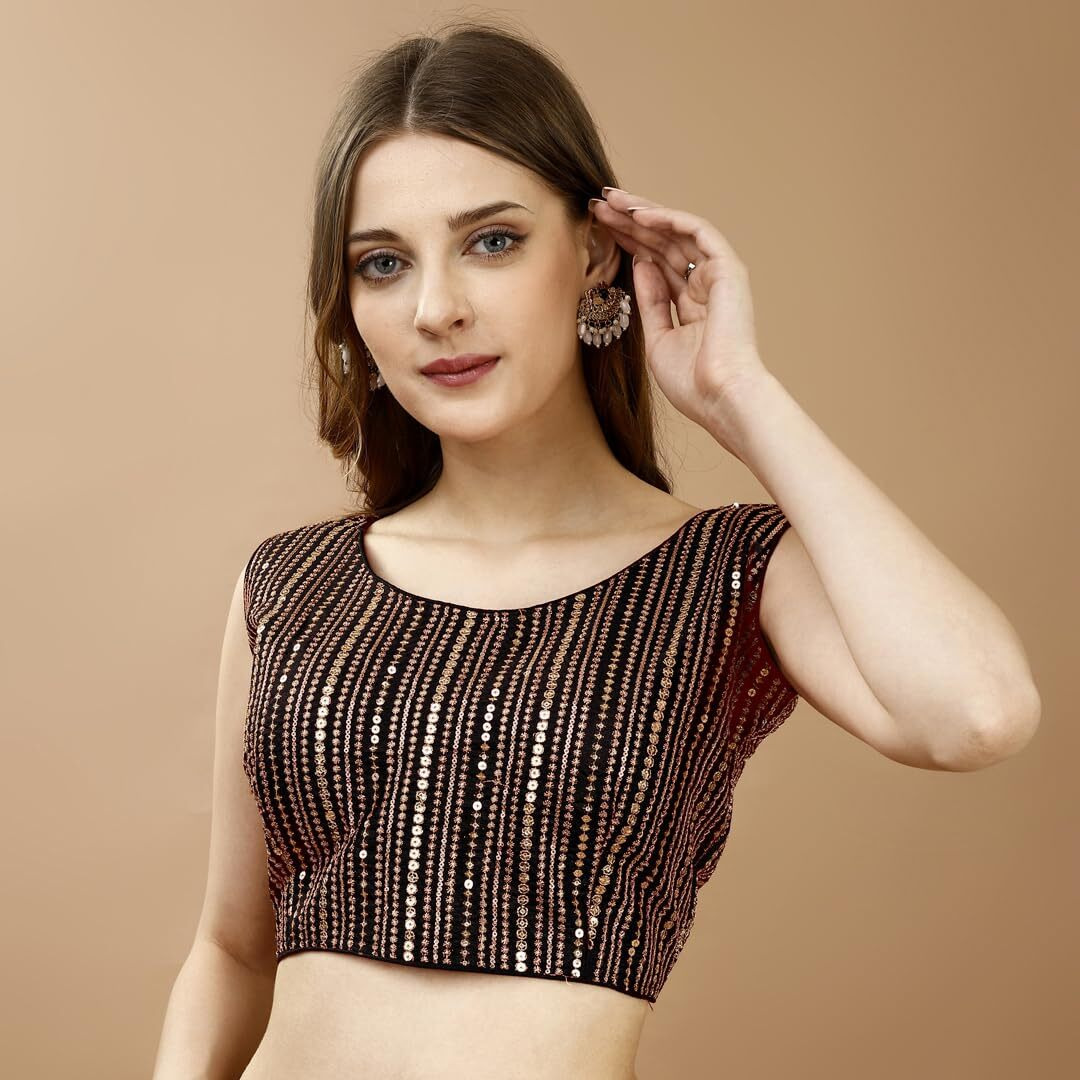 Pujia Mills Women's Sequin Embroidered U Neck Sleeveless Readymade Saree Blouse Indian Ethnic Designer Stitched Women's Black Blouse For Women