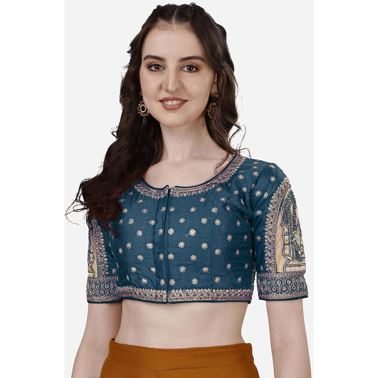 Pujia Mills Women's Heavy Embroidery Coding With Sequins And Diamond Work Half Sleeves Fancy Cutwork Readymade Saree Blouse.(Palace Morpeach_38)