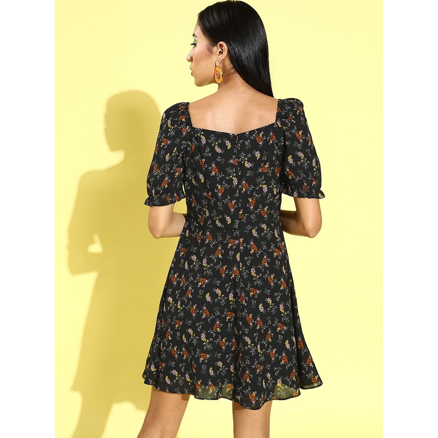 Rare Women's Georgette Fit And Flare Knee-Length Dress (Ep6247_Black_Xl)