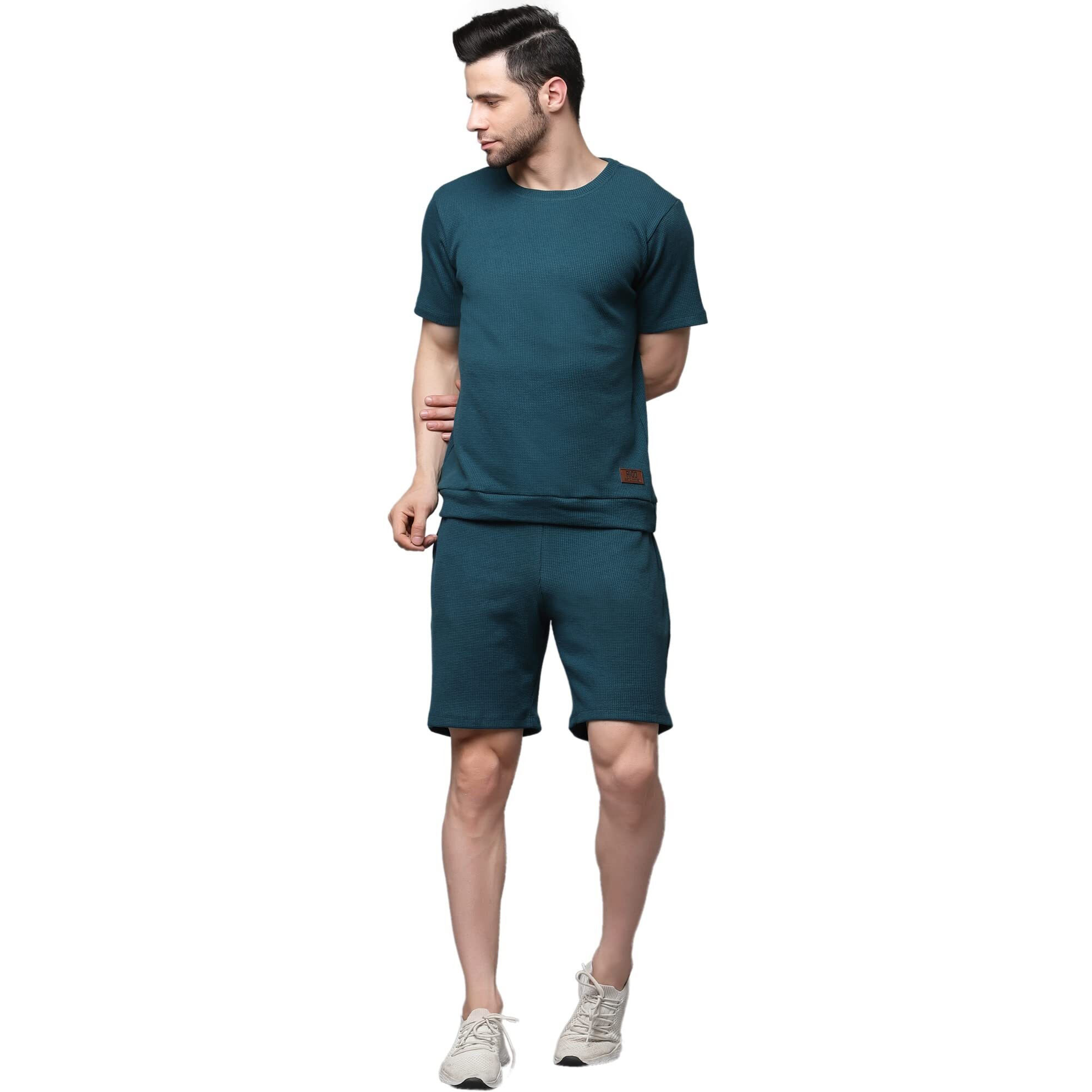 Rigo Waffle Knit Self Textured Co-Ord Set For Men's | Night Suit Set For Men's | Lounge-Wear Nightdress Pajama Set For Men's | Night Wear, Beach Wear, Vacation Wear Green