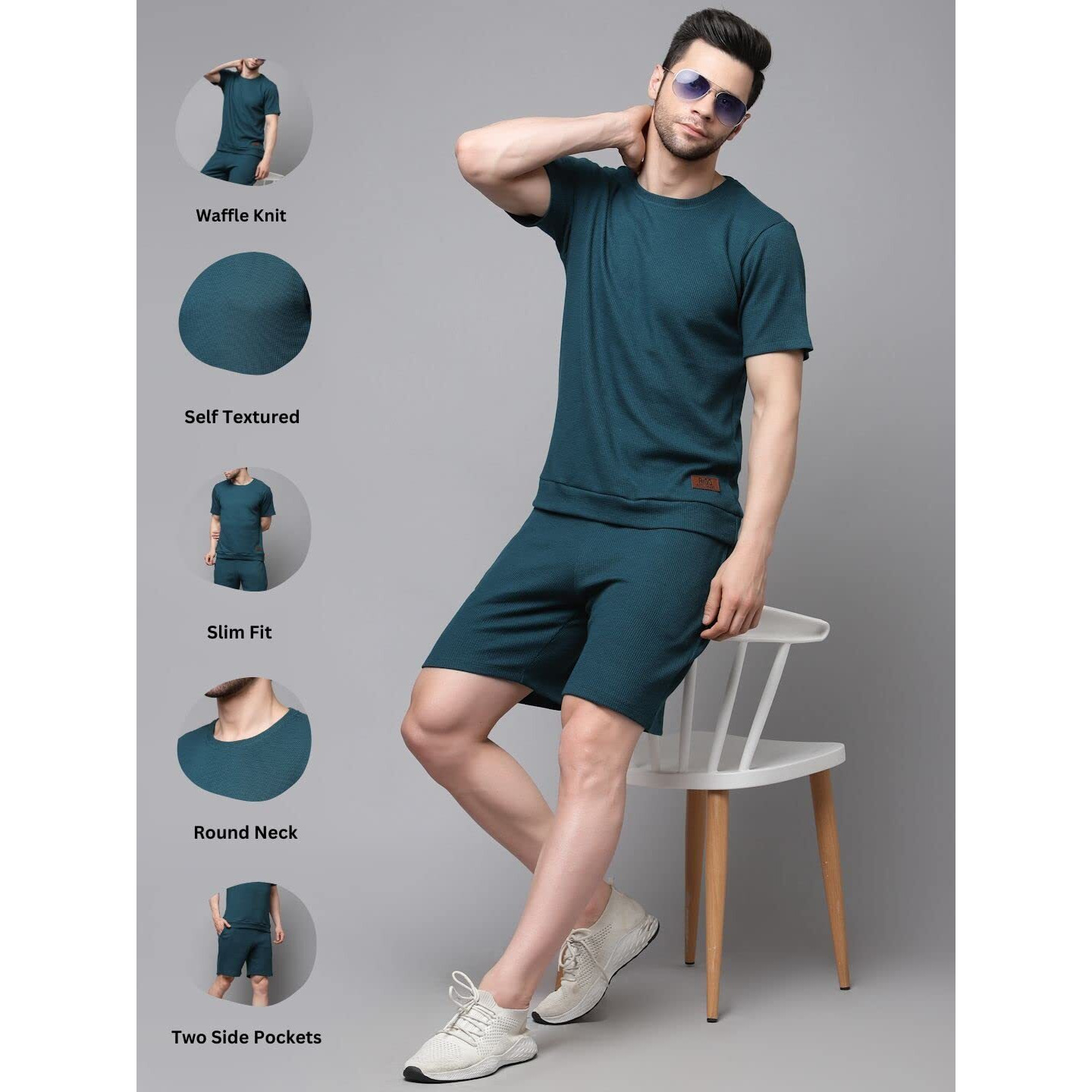 Rigo Waffle Knit Self Textured Co-Ord Set For Men's | Night Suit Set For Men's | Lounge-Wear Nightdress Pajama Set For Men's | Night Wear, Beach Wear, Vacation Wear Green