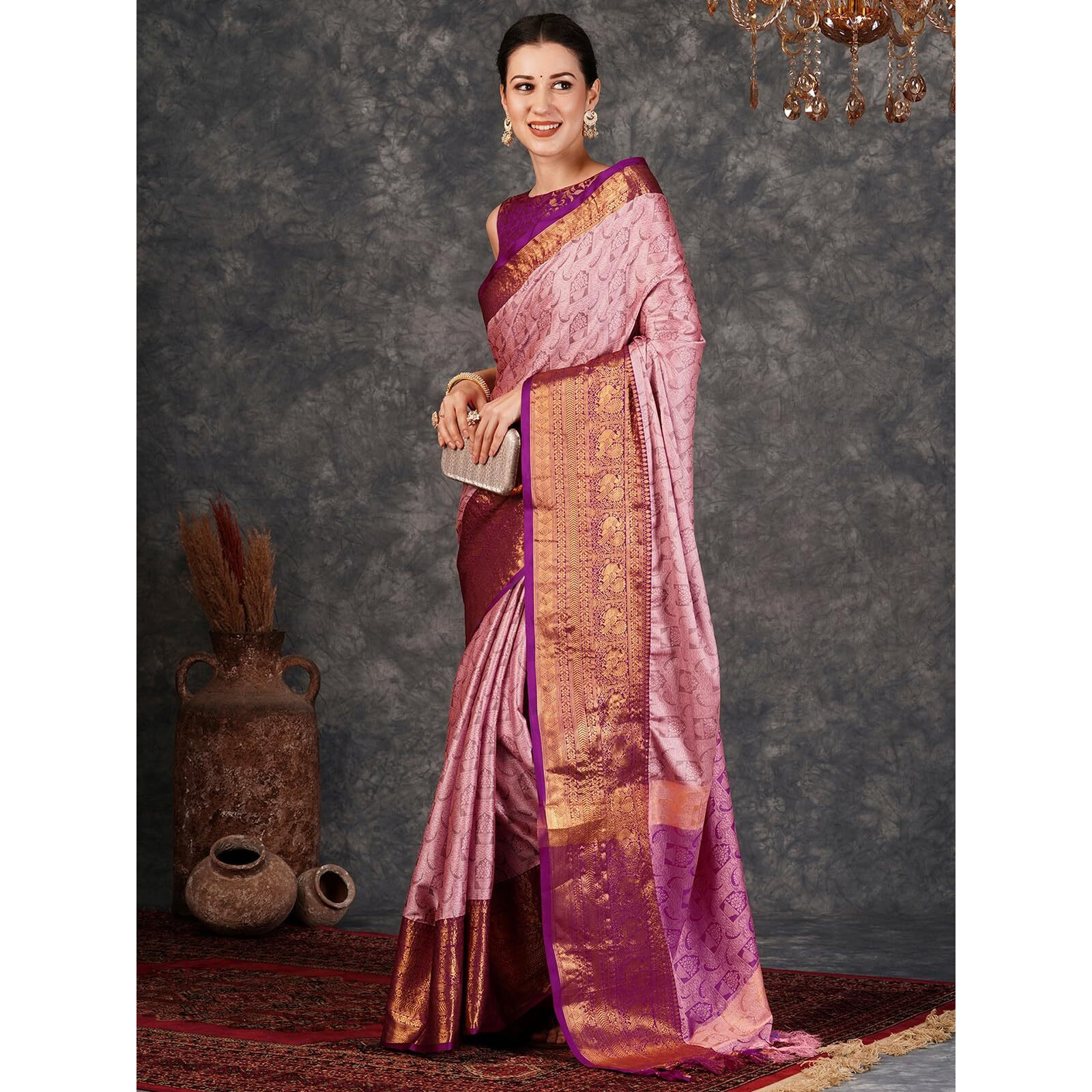 Satrani Women's Self Woven Banarasi Jacquard Kanjivaram Silk Blend Saree With Unstitched Blouse Piece (3746S2643N_Light Pink & Purple)