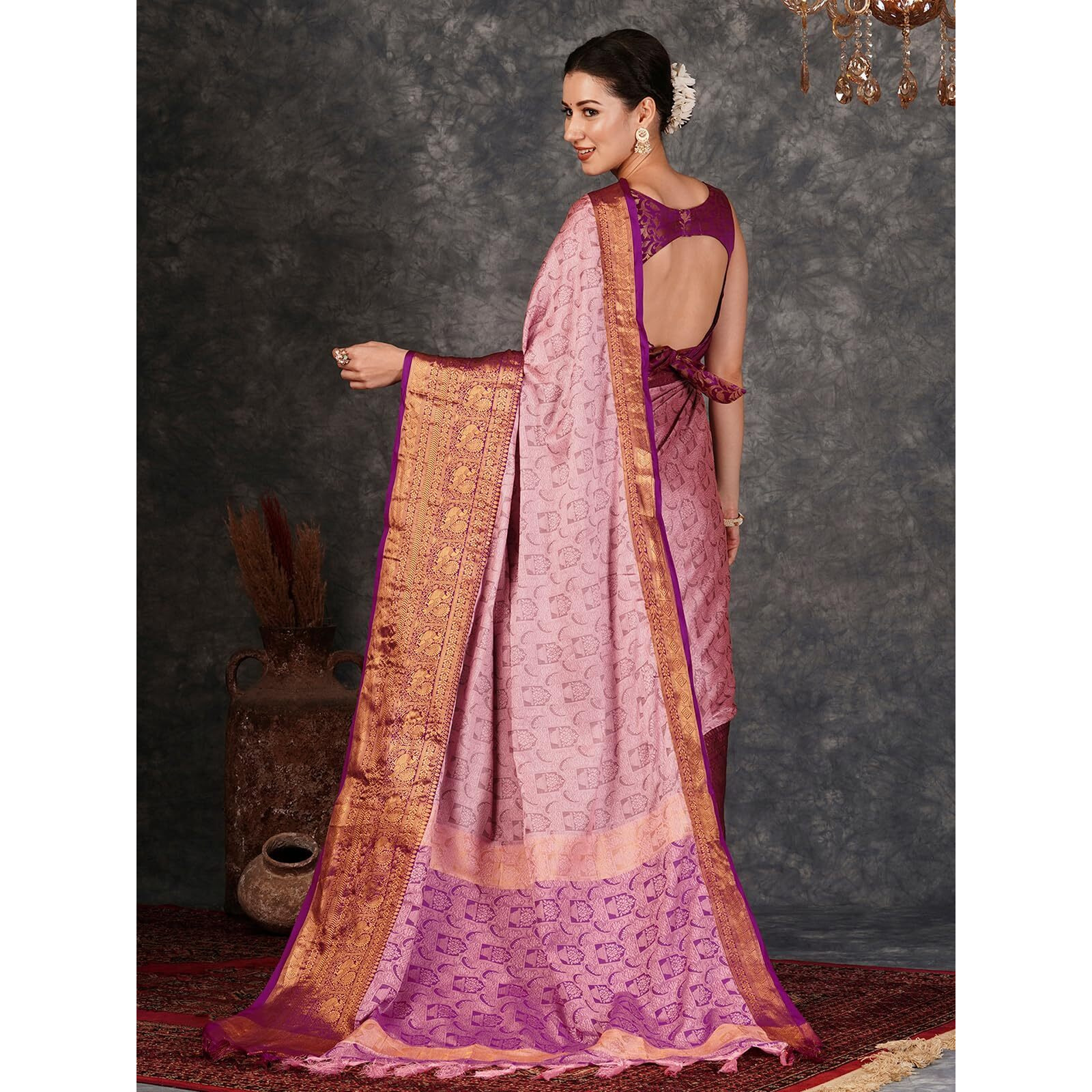 Satrani Women's Self Woven Banarasi Jacquard Kanjivaram Silk Blend Saree With Unstitched Blouse Piece (3746S2643N_Light Pink & Purple)