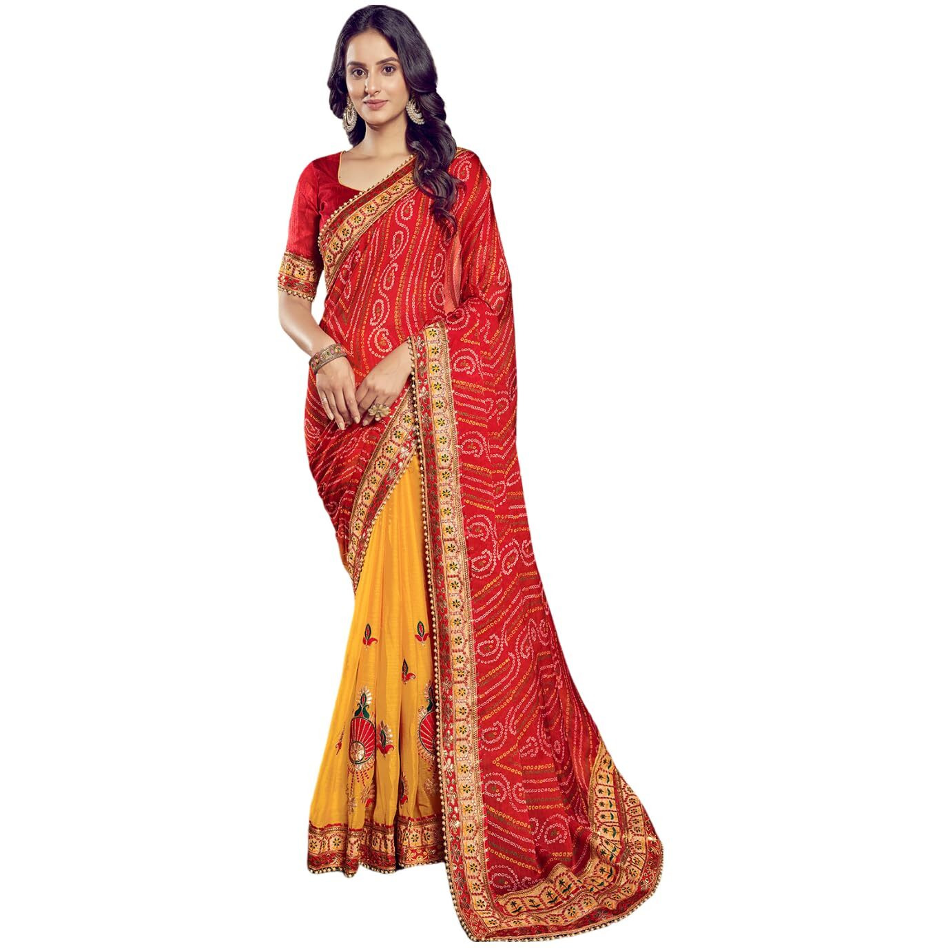 Satrani Women's Chiffon Bandhani Printed & Lace Embroidery Saree With Unstitched Blouse Piece (3618S178N_Red & Yellow2)