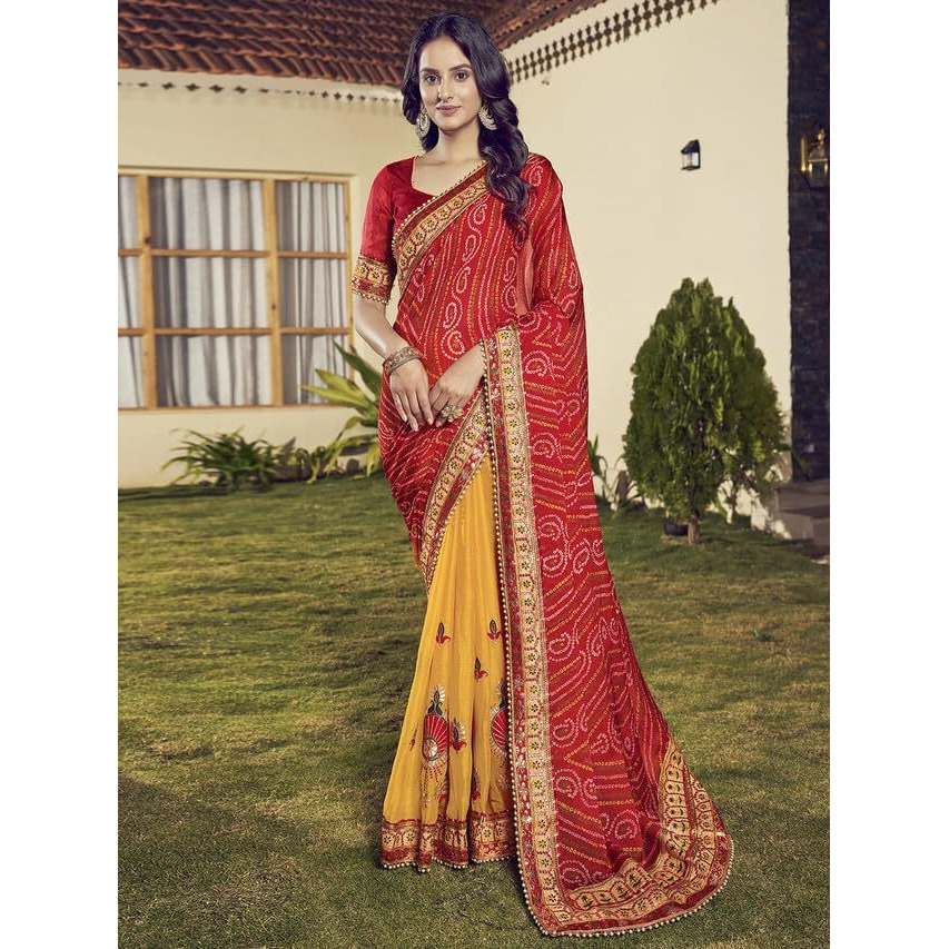 Satrani Women's Chiffon Bandhani Printed & Lace Embroidery Saree With Unstitched Blouse Piece (3618S178N_Red & Yellow2)