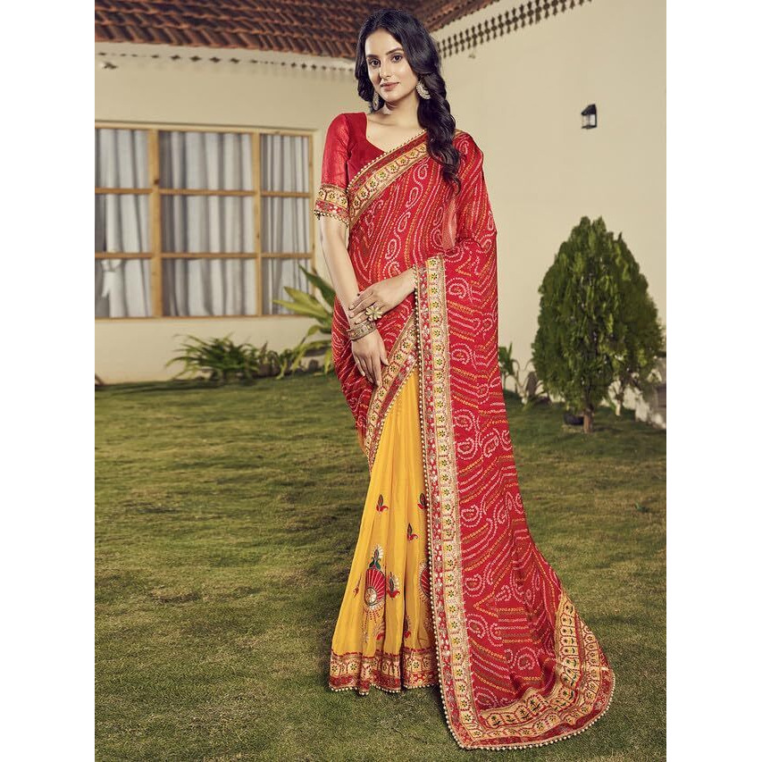 Satrani Women's Chiffon Bandhani Printed & Lace Embroidery Saree With Unstitched Blouse Piece (3618S178N_Red & Yellow2)