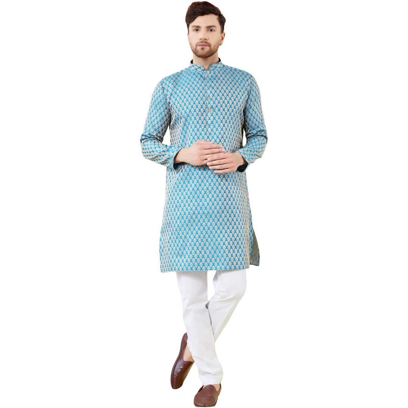 See Designs Men Long Sleeve Side Slit Mandarin Collar Blue Ethnic Motifs Silk Jacquard Woven Design Straight Kurta - Bnrskt716M