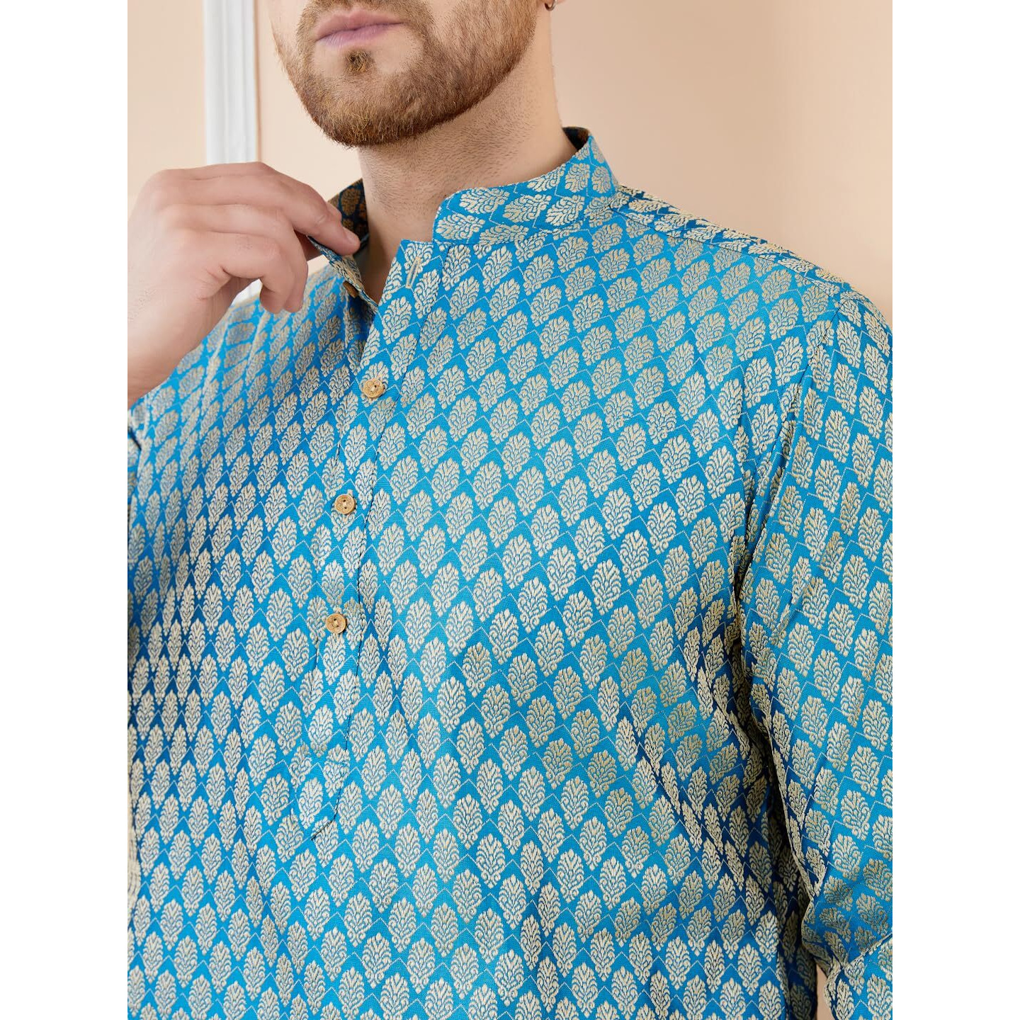 See Designs Men Long Sleeve Side Slit Mandarin Collar Blue Ethnic Motifs Silk Jacquard Woven Design Straight Kurta - Bnrskt716M