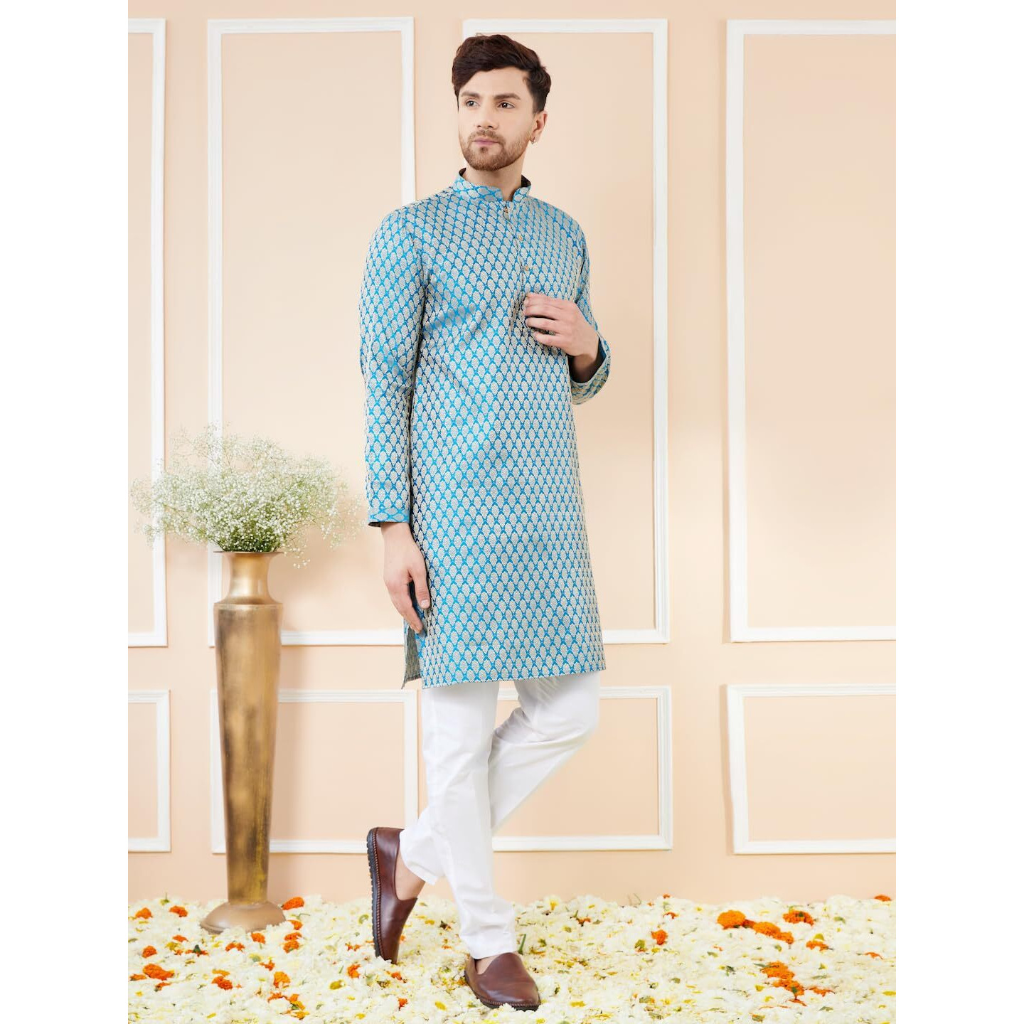 See Designs Men Long Sleeve Side Slit Mandarin Collar Blue Ethnic Motifs Silk Jacquard Woven Design Straight Kurta - Bnrskt716M