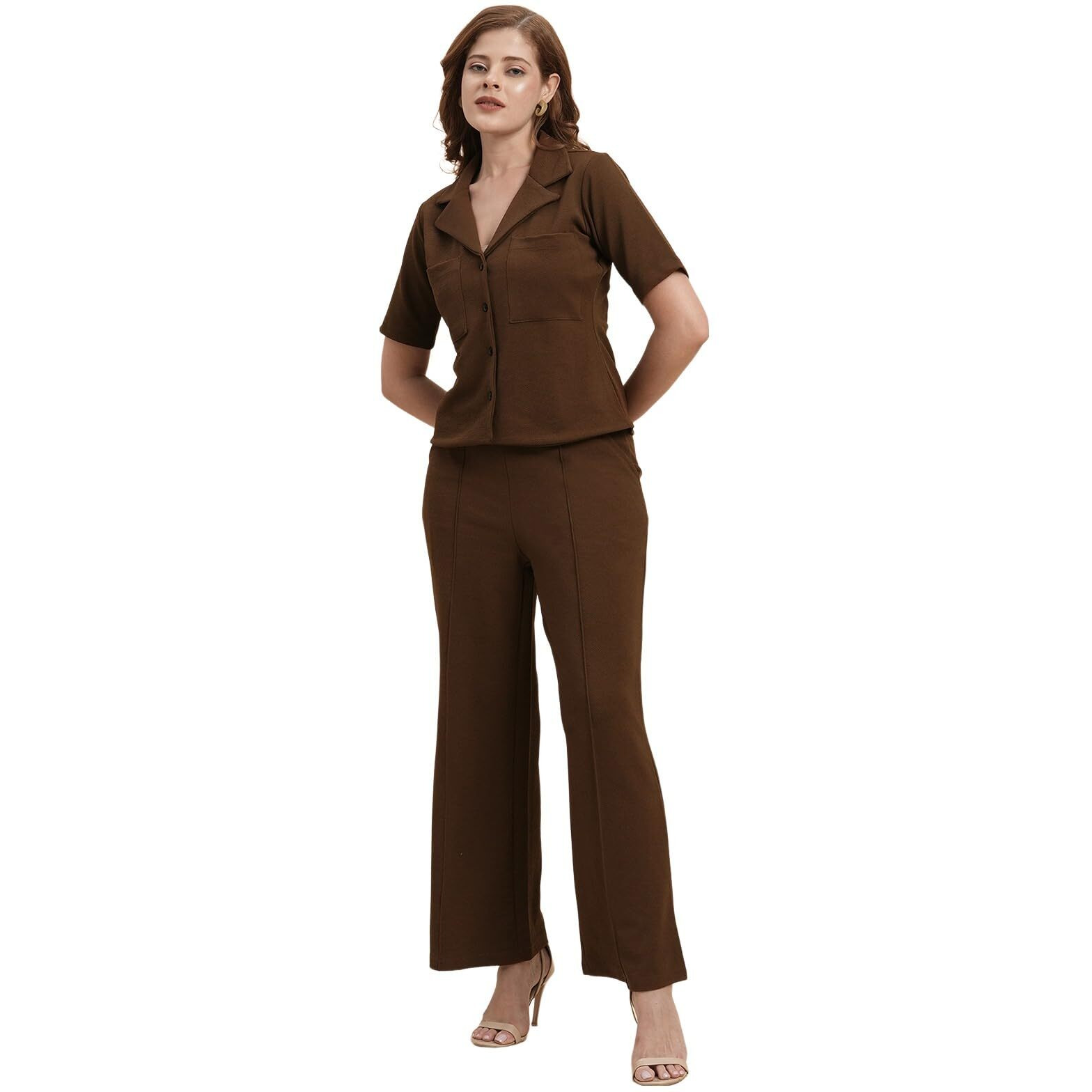 Selvia Co-Ords Set For Women|Lycra Shirt And Trouser Set|Casual Co-Ords Set For Women|Two Piece Co-Ord Set|Office Wear Co-Ords Set(717Ctk11722N-S_Brown)