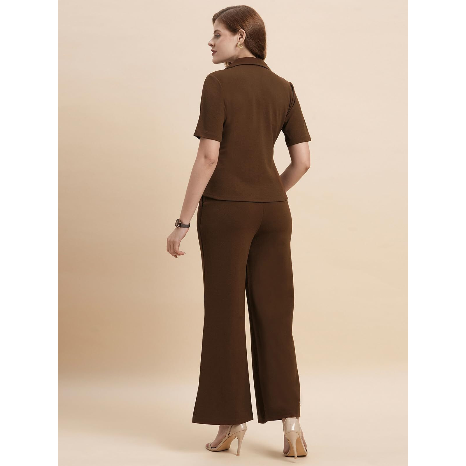 Selvia Co-Ords Set For Women|Lycra Shirt And Trouser Set|Casual Co-Ords Set For Women|Two Piece Co-Ord Set|Office Wear Co-Ords Set(717Ctk11722N-S_Brown)