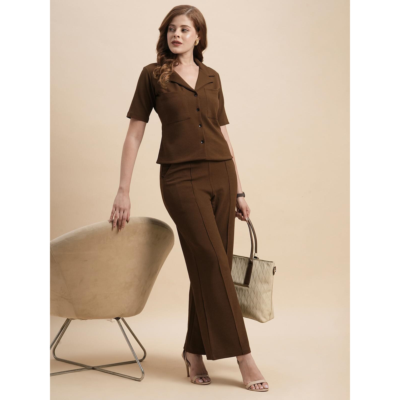 Selvia Co-Ords Set For Women|Lycra Shirt And Trouser Set|Casual Co-Ords Set For Women|Two Piece Co-Ord Set|Office Wear Co-Ords Set(717Ctk11722N-S_Brown)