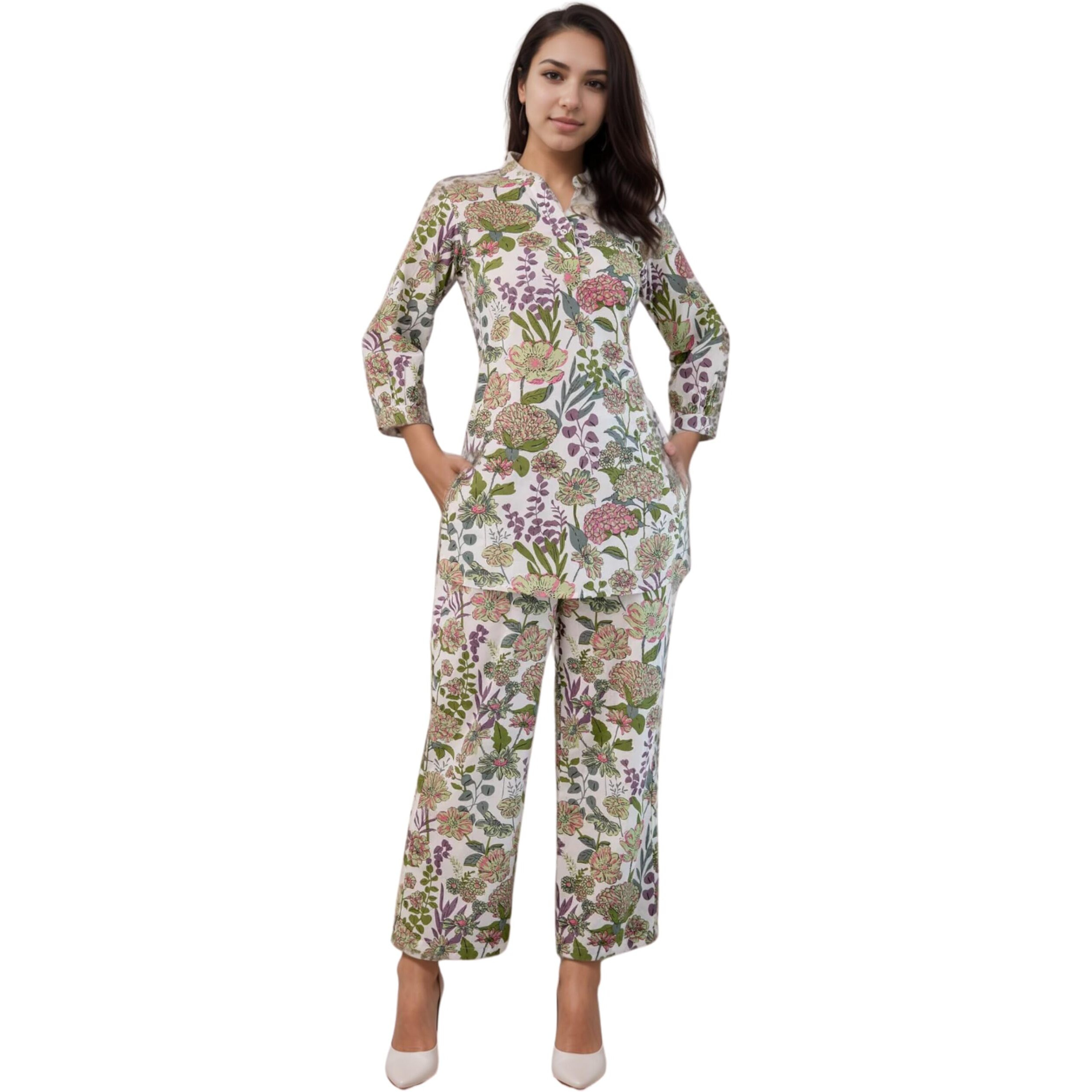 Shienzy Stylish Printed Cotton Blend Co Ord Set For Women || Casual & Festive Indo-Western Outfit || Kurta Pant Set (1595Shz_Mlt_Xl) Multicolour