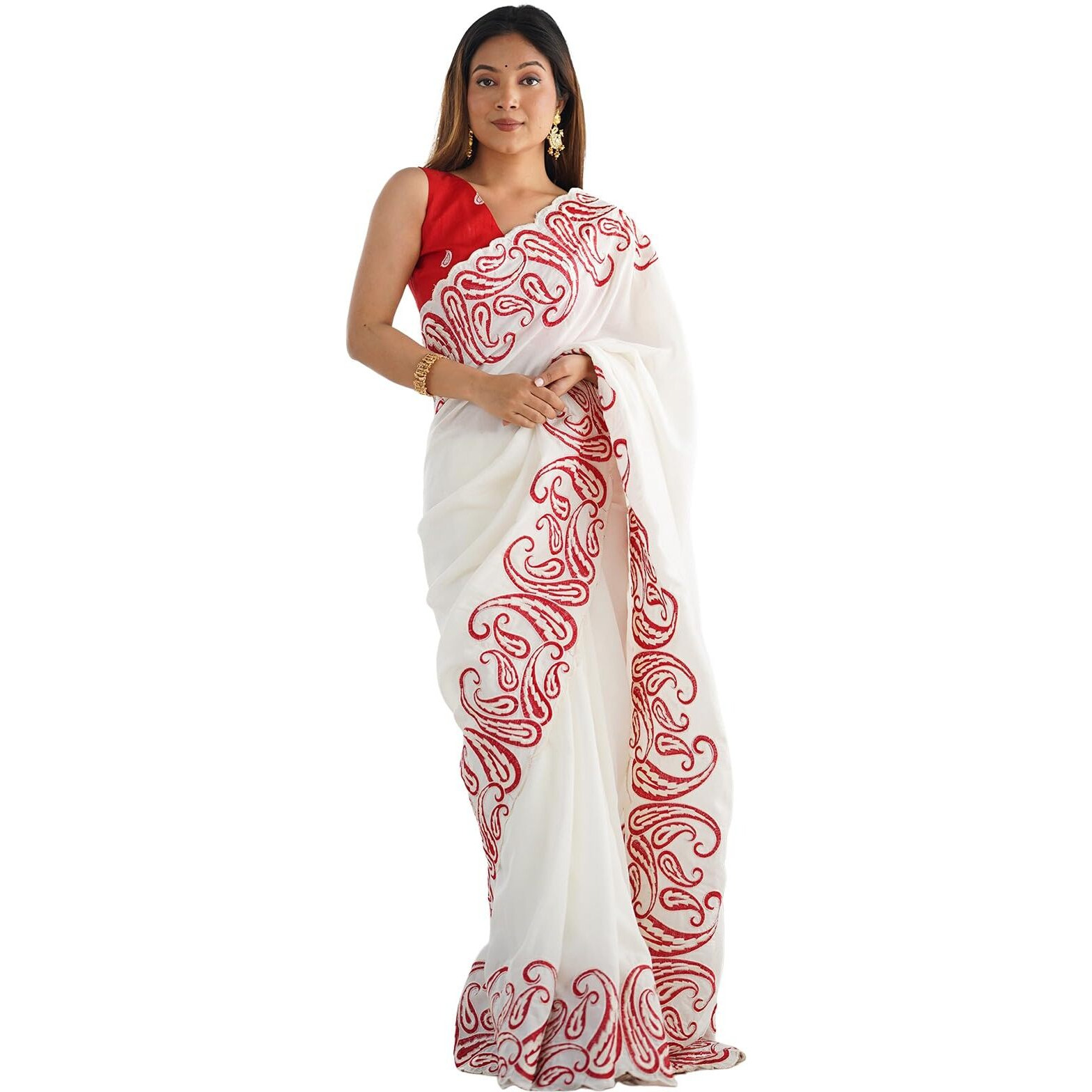 Satrani Women's Silk Blend Embroidery Saree With Unstitched Blouse Piece (4135S150N_Ivory)