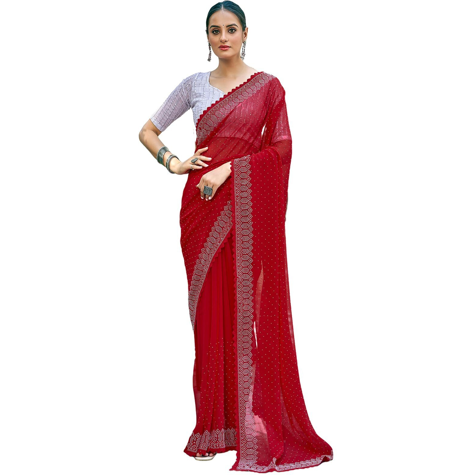 Satrani Women's Stone Work Embellished Georgette Saree With Unstitched Blouse Piece (3731S176N_Red)