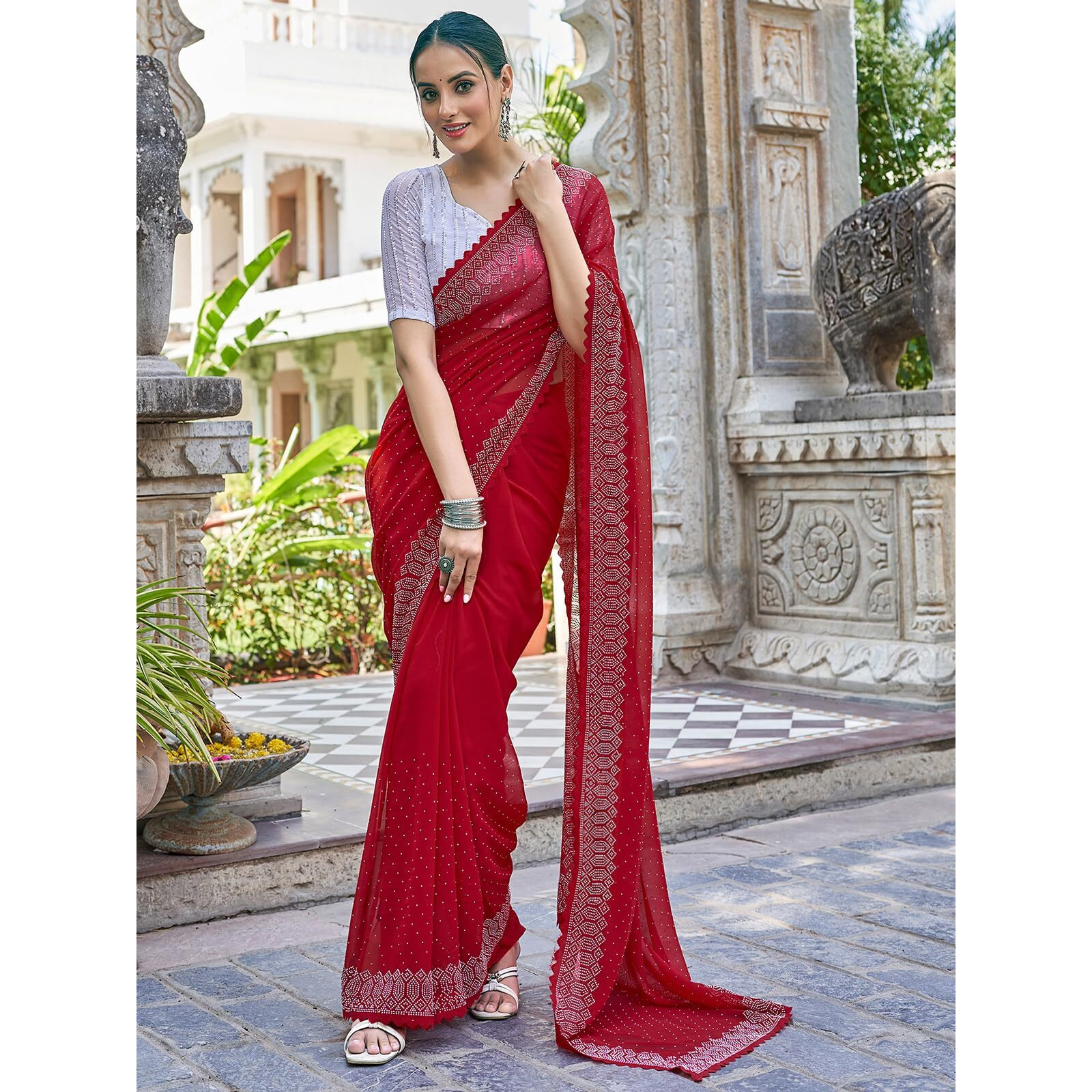 Satrani Women's Stone Work Embellished Georgette Saree With Unstitched Blouse Piece (3731S176N_Red)