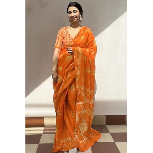 Shiv Textiles Womens Orange Cotton Printed Saree For Women (Smc-St-154-Orange)