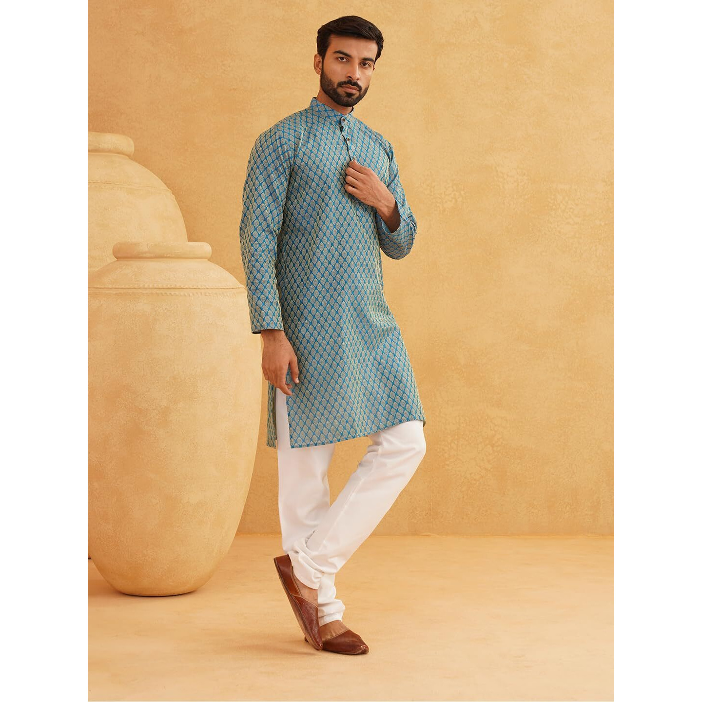 Sojanya (Since 1958 Men's Jacq Silk Peacock Blue Self Design Kurta & Off-White Churidar Pyjama Set