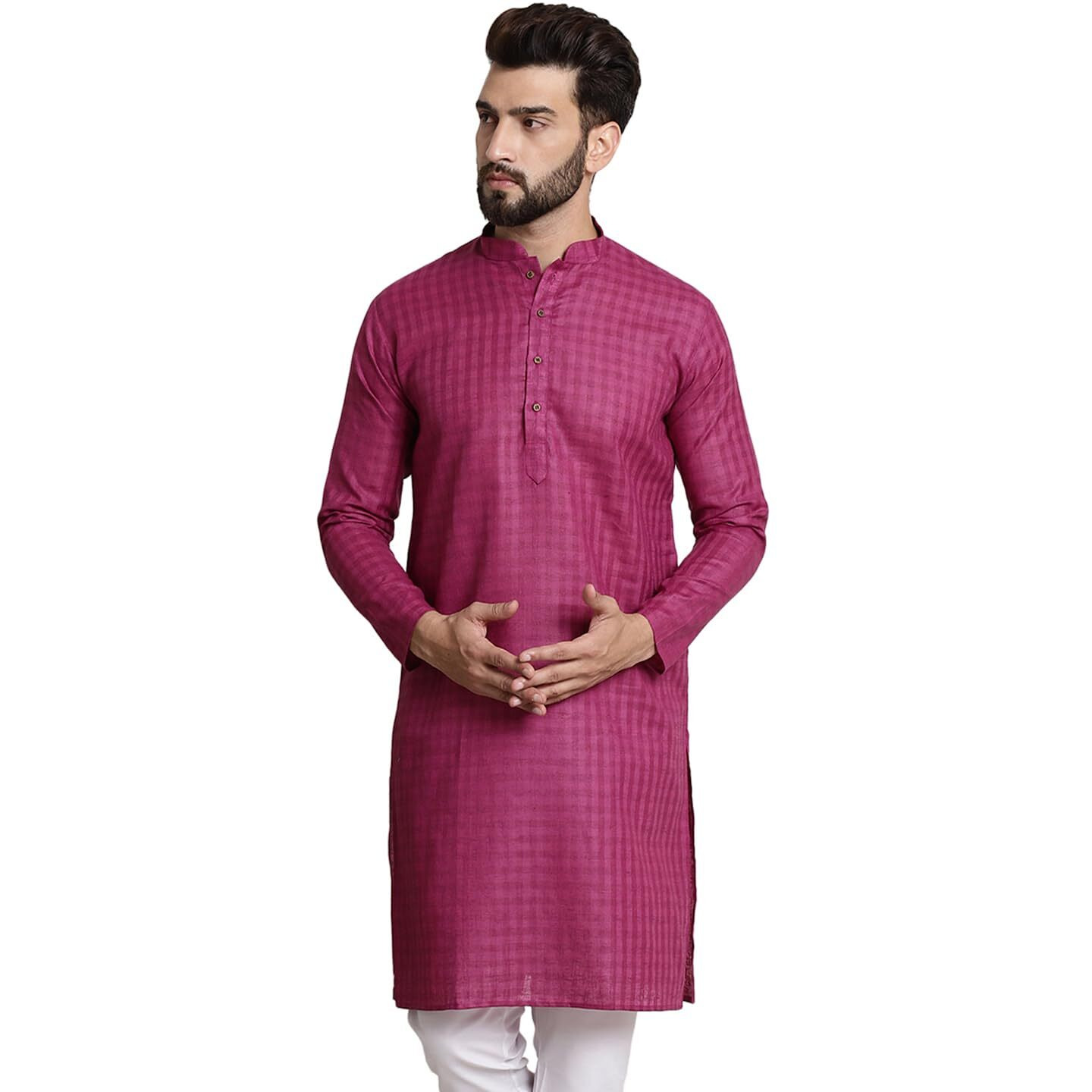 Sojanya (Since 1958 Men's Cotton Blend Magenta Checked Only Kurta