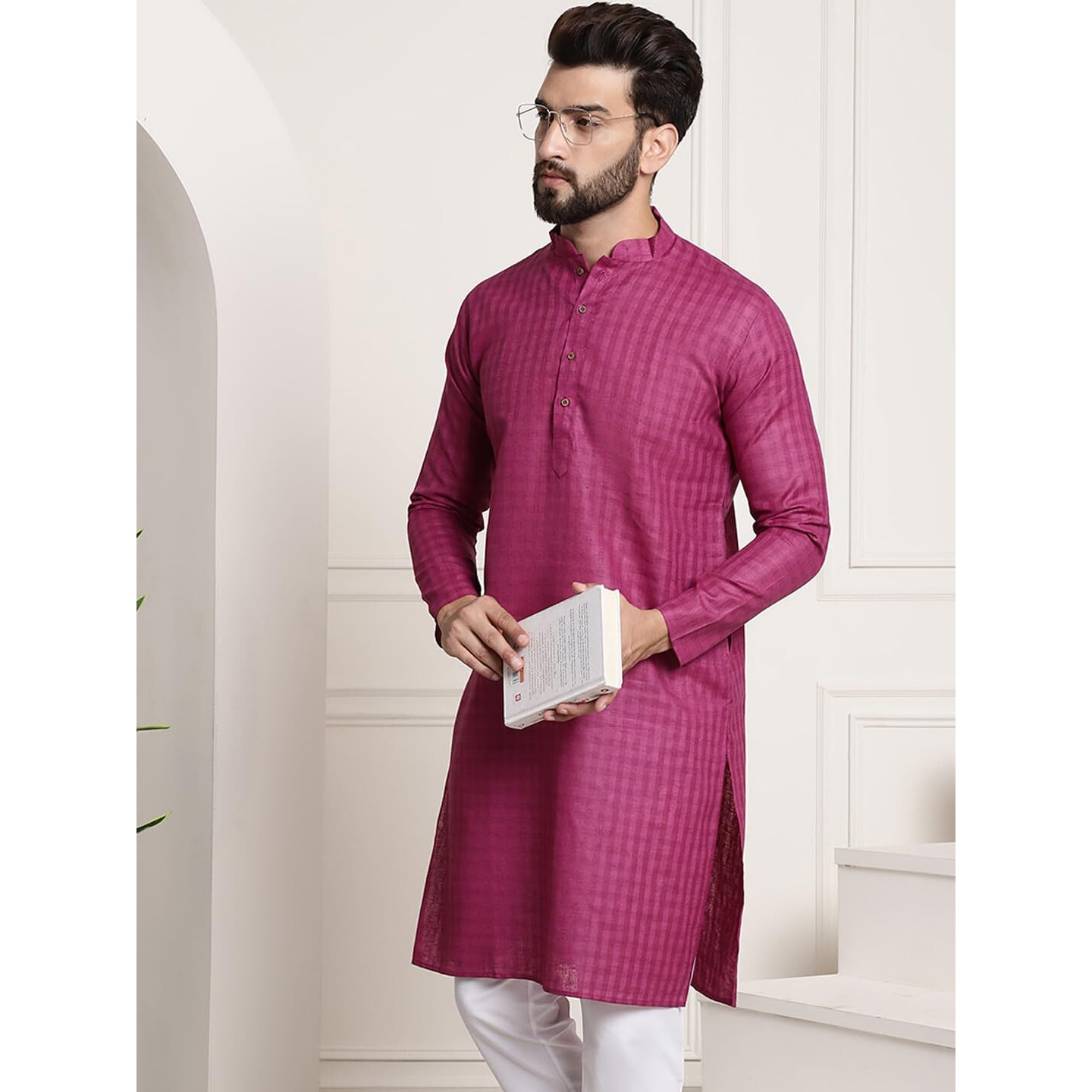 Sojanya (Since 1958 Men's Cotton Blend Magenta Checked Only Kurta