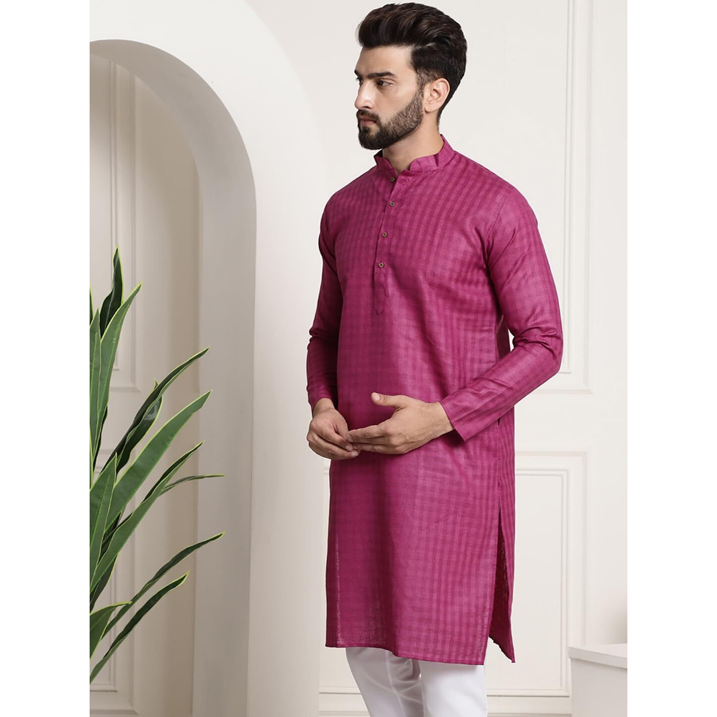 Sojanya (Since 1958 Men's Cotton Blend Magenta Checked Only Kurta